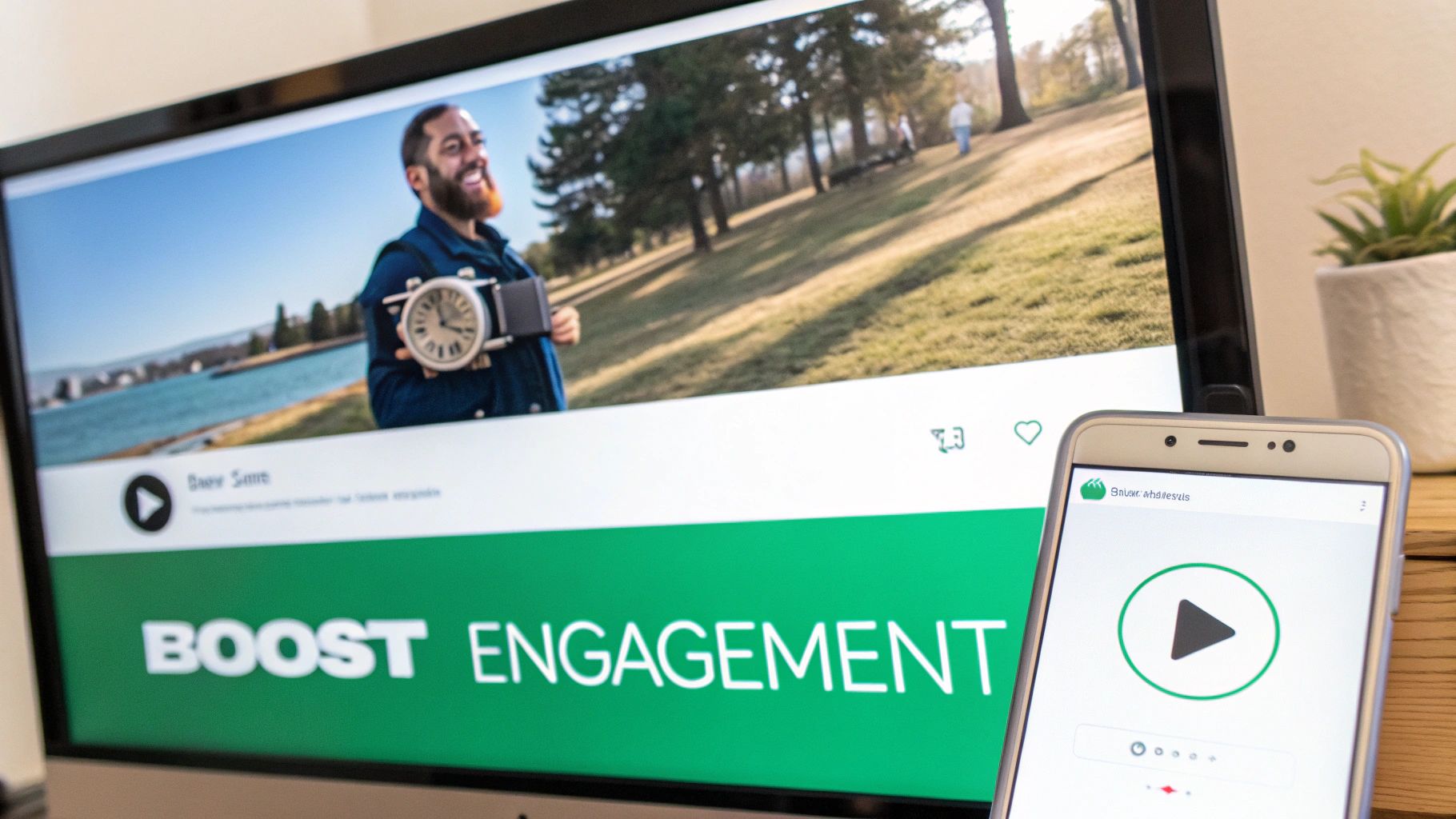 A smartphone screen showing a YouTube video with rising engagement metrics like likes, comments, and shares.