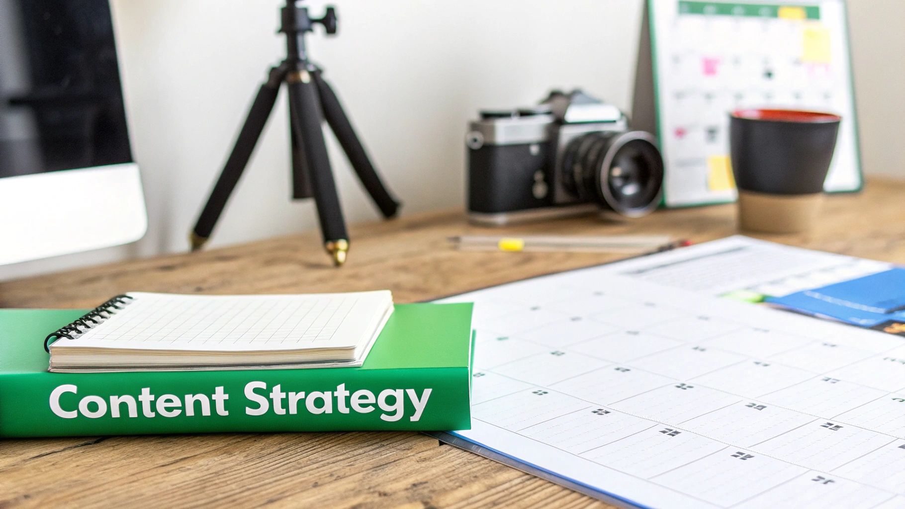A desk with a 'Content Strategy' book, notebook, calendar, camera, and computer screen for planning.