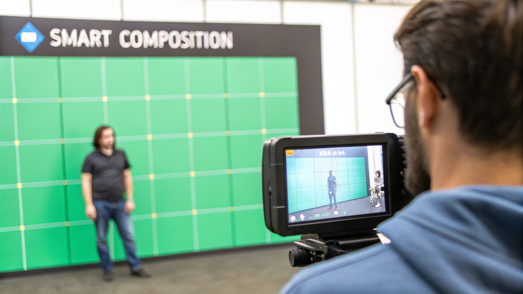 A filmmaker looking through a camera viewfinder, illustrating the concept of shot composition and framing.