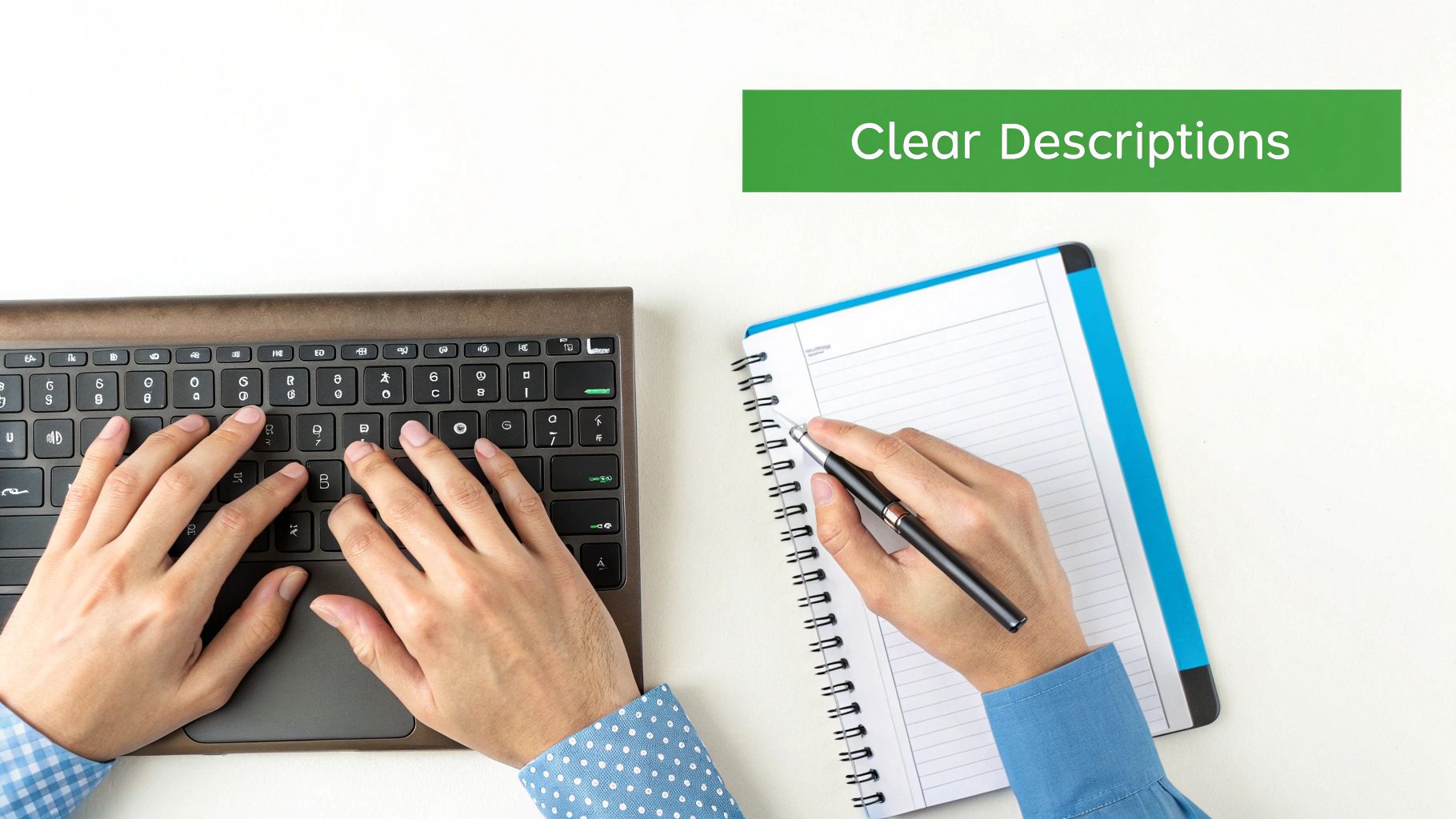 A creator typing a video description on a laptop, with YouTube tags visible nearby.