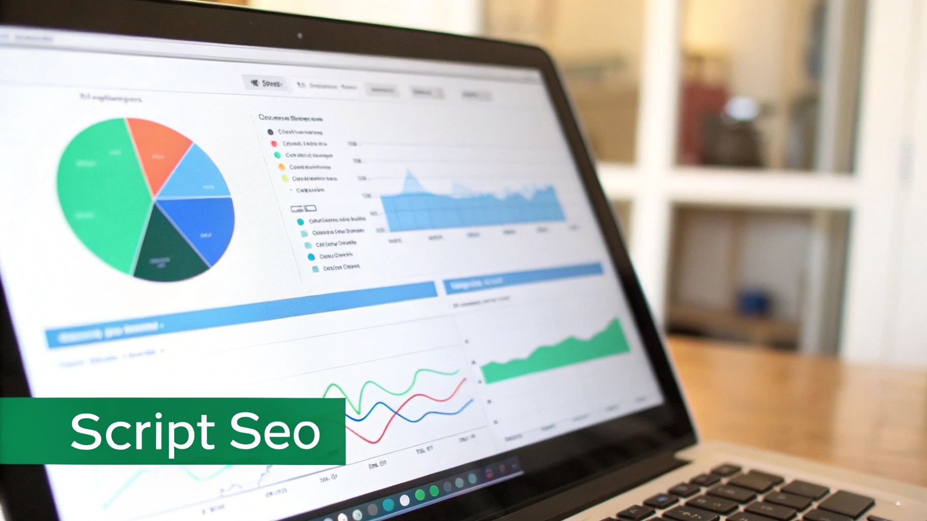 A laptop screen displays SEO analytics with pie charts, line graphs, and data, indicating performance metrics.