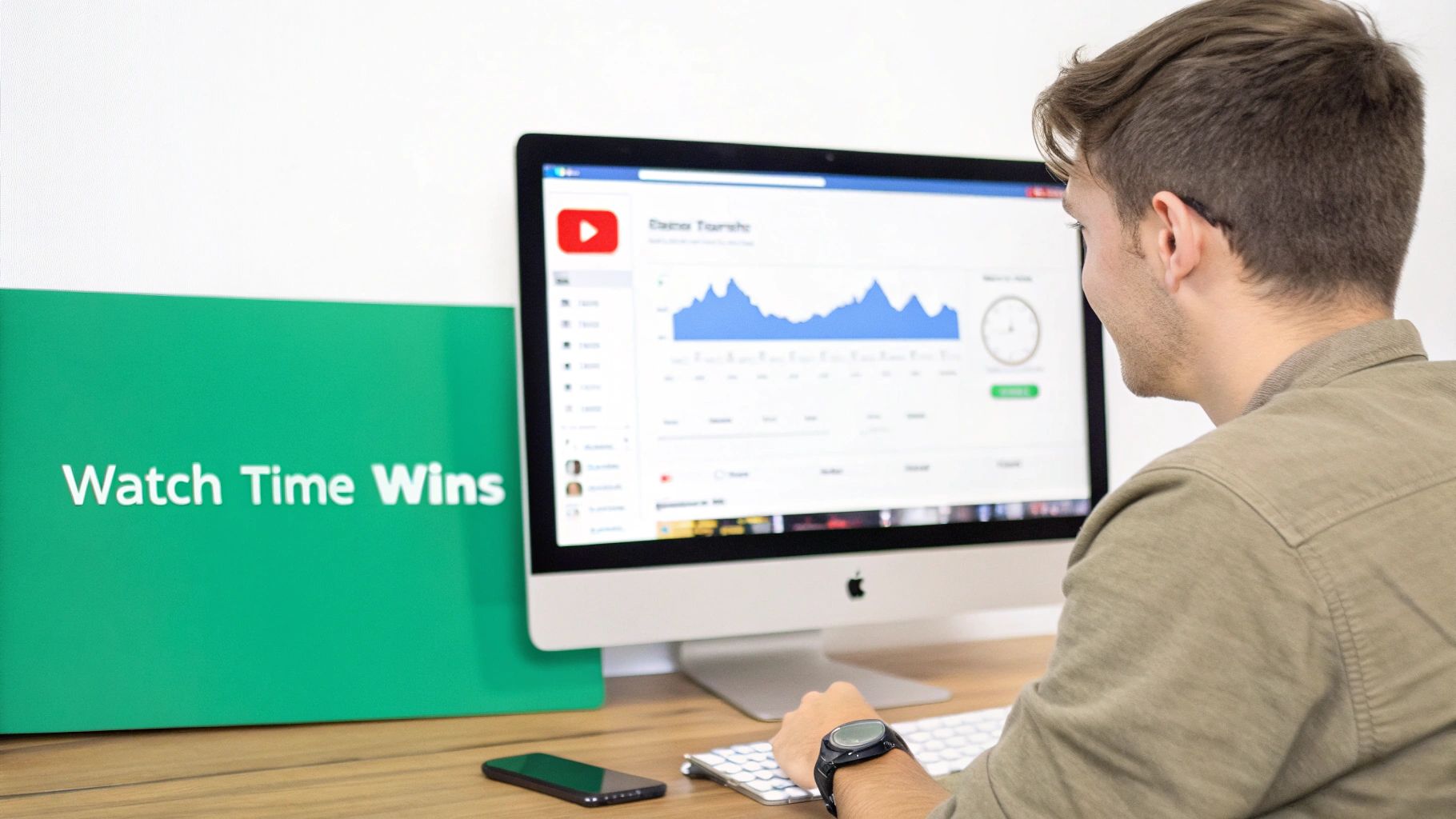 Man analyzing YouTube watch time analytics on a computer, next to a 'Watch Time Wins' sign.
