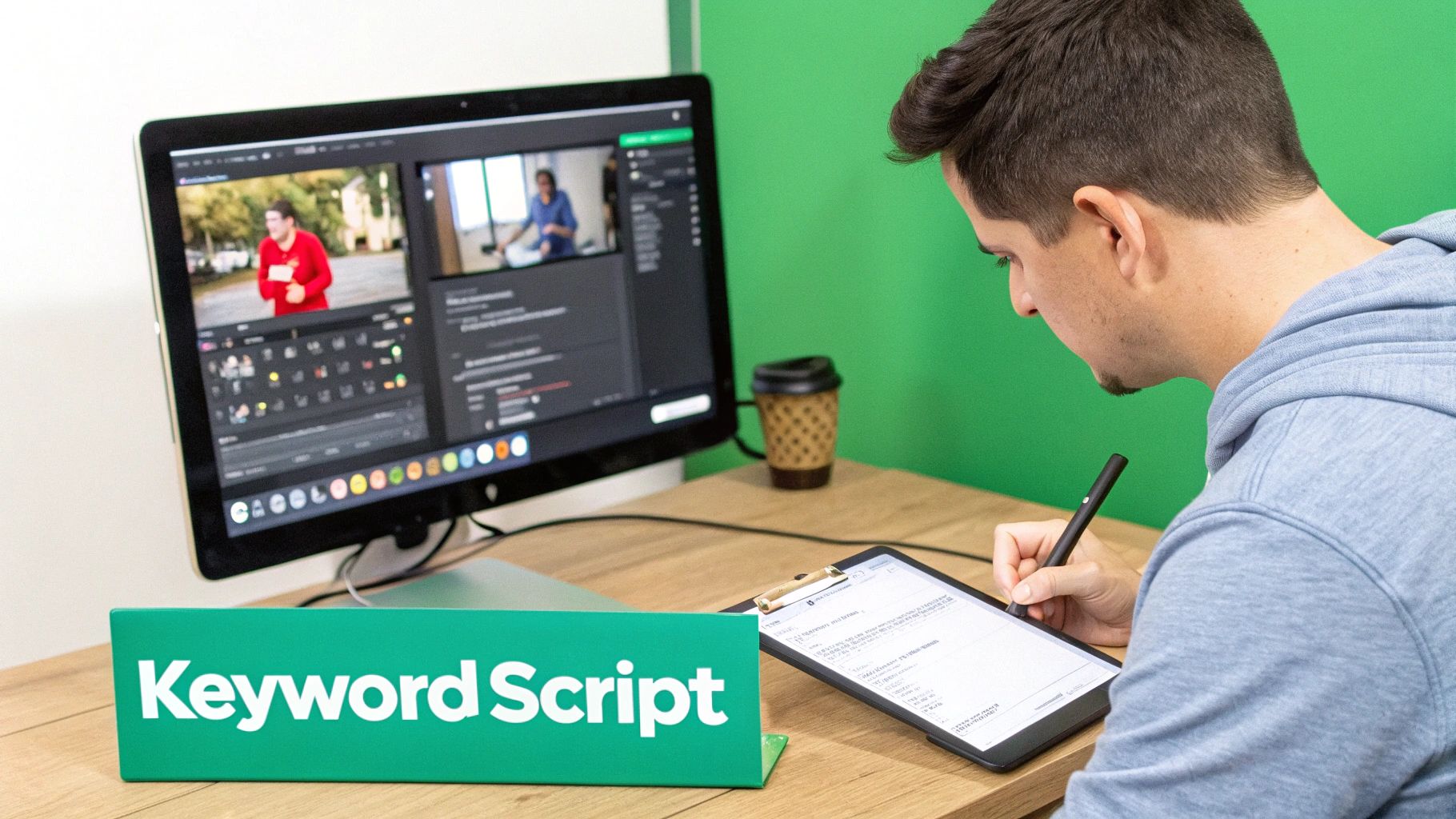 A man works at a desk, editing videos on a monitor and writing on a digital tablet. A "Keyword Script" sign is visible.