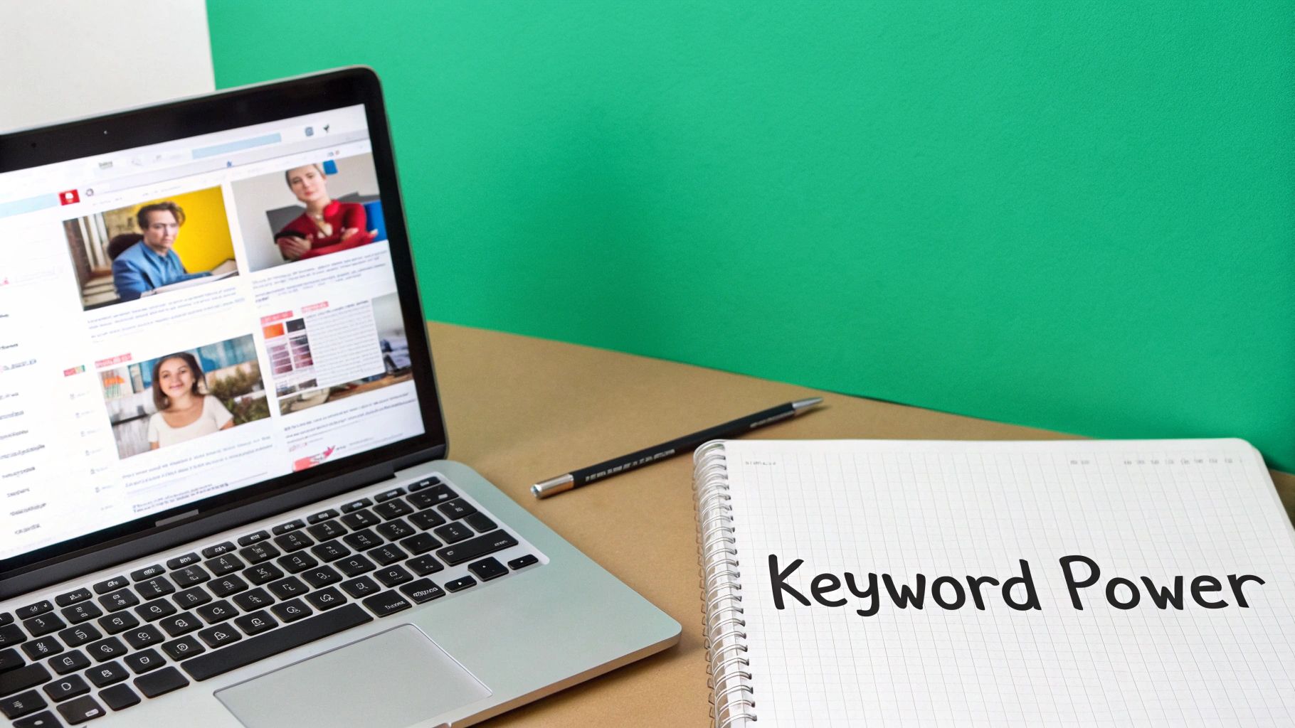 A person typing on a laptop with YouTube analytics charts in the background, representing keyword research.