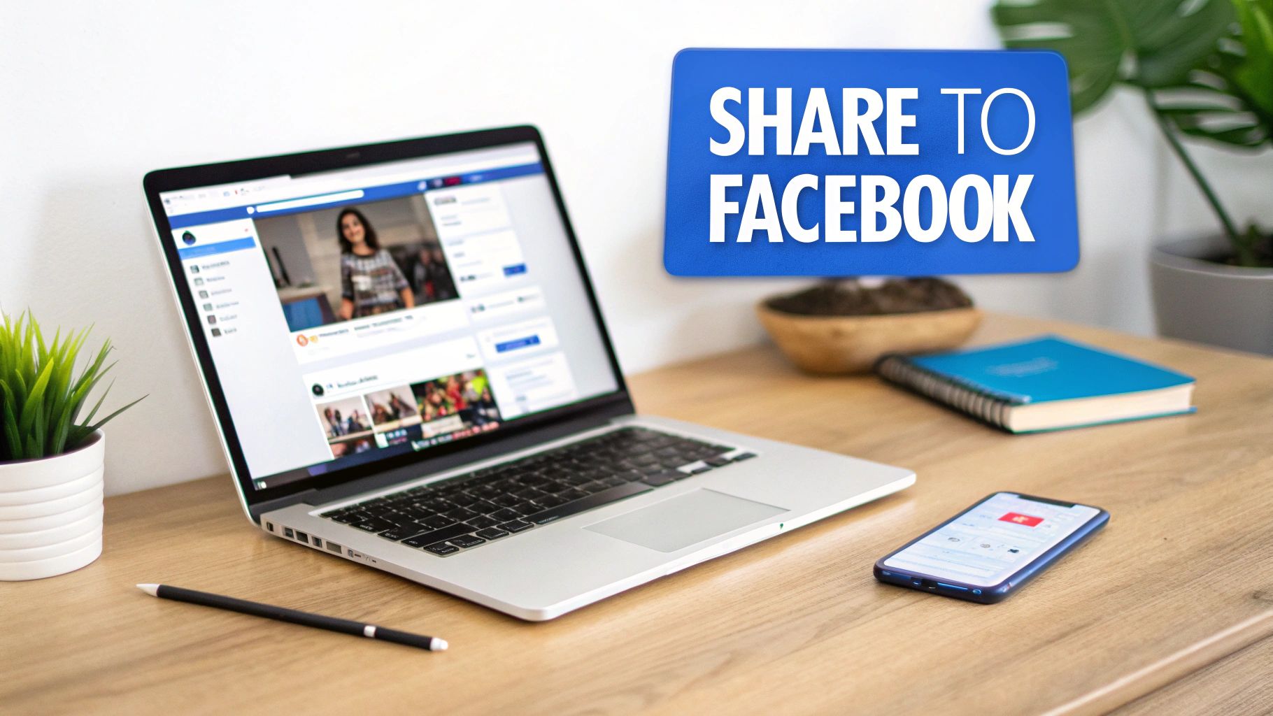 Laptop and smartphone displaying Facebook interface with share to Facebook blue button overlay