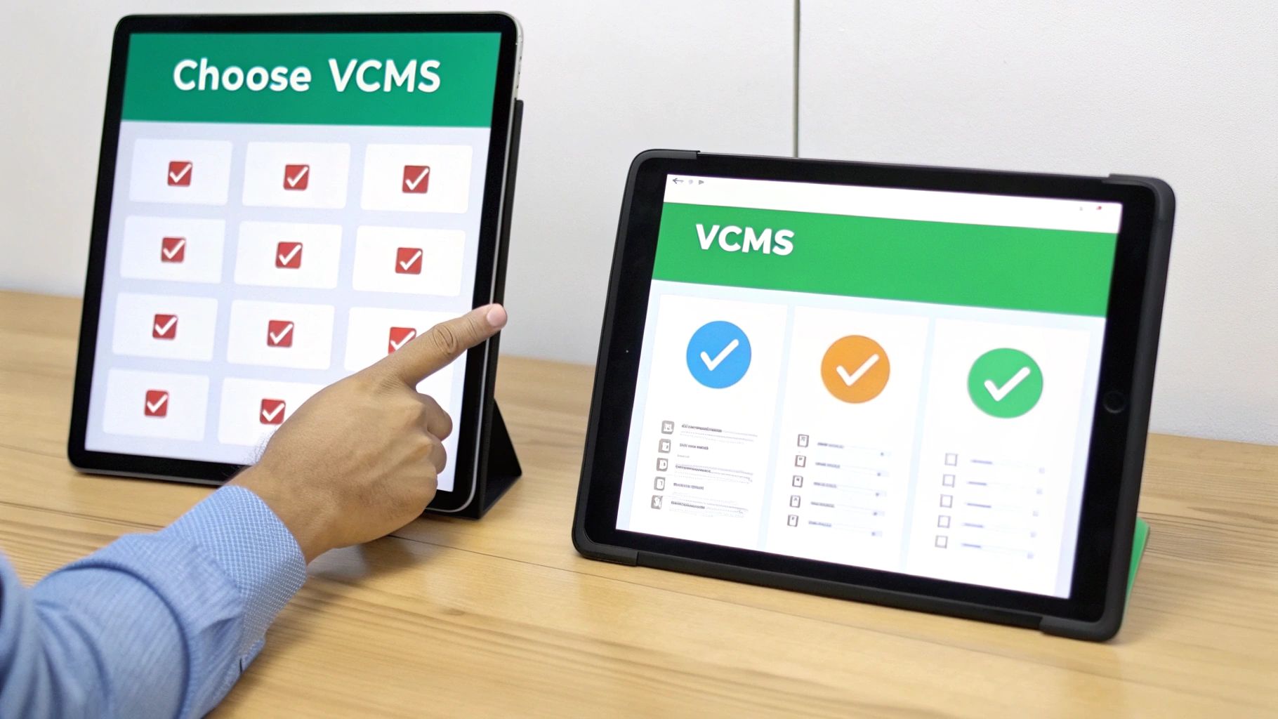 Two tablets display a video content management software interface with choices and checkmarks.