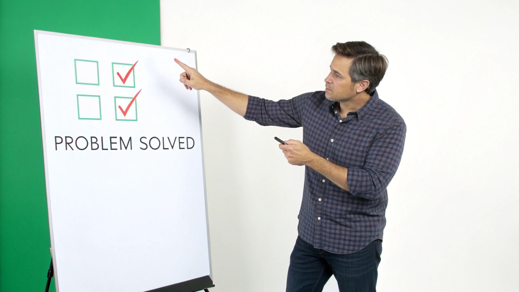 A man in a plaid shirt points at a whiteboard showing 'PROBLEM SOLVED' and two checkmarks.