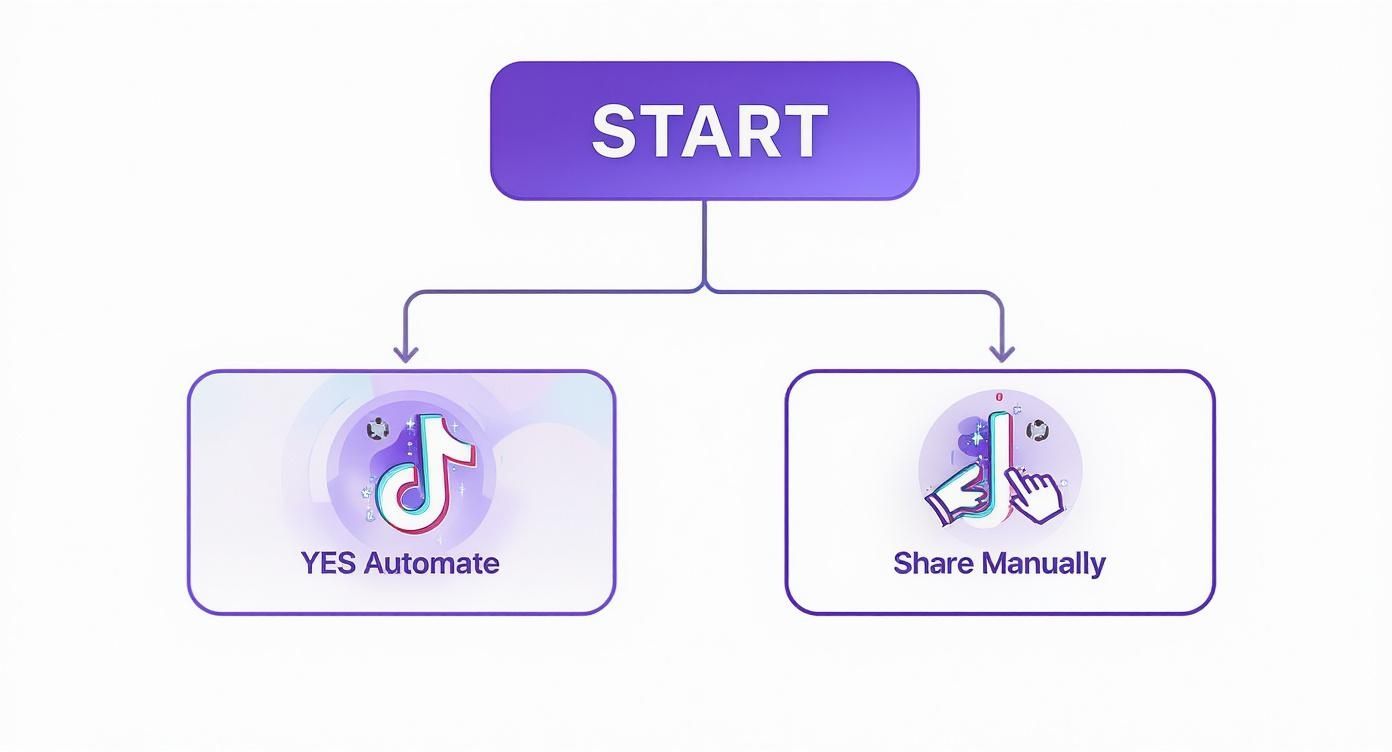 Flowchart showing two options for sharing TikTok content: automate or share manually from start button