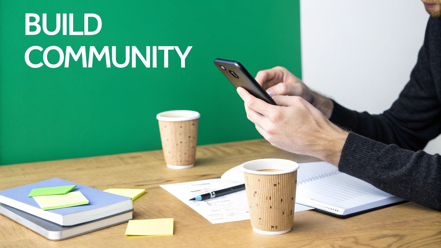 A person uses a smartphone at a desk with coffee cups and notebooks, promoting 'BUILD COMMUNITY'.