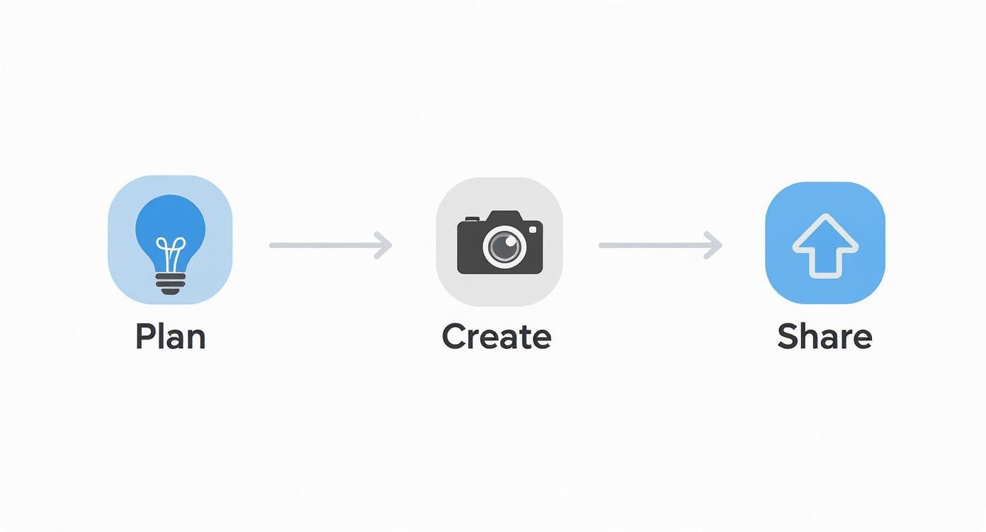 A visual workflow showing three steps: Plan (lightbulb), Create (camera), and Share (upload arrow).