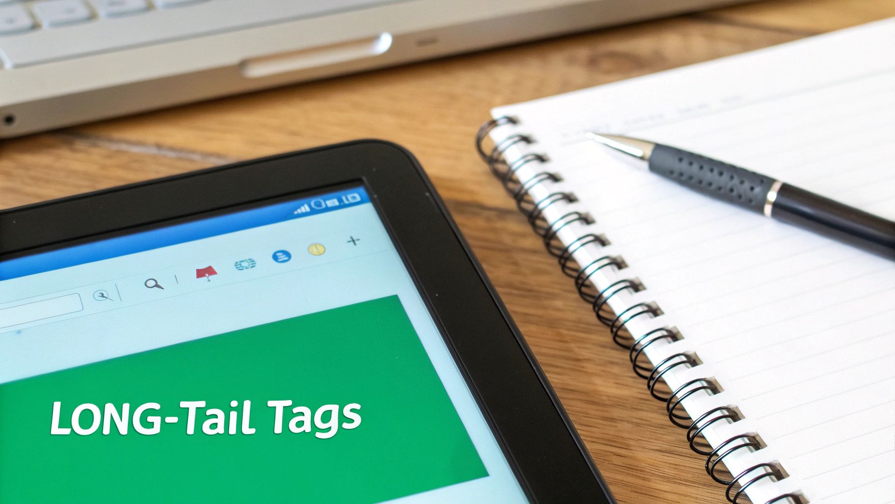 A tablet displaying 'LONG-Tail Tags' text next to a notebook, pen, and laptop on a wooden desk.