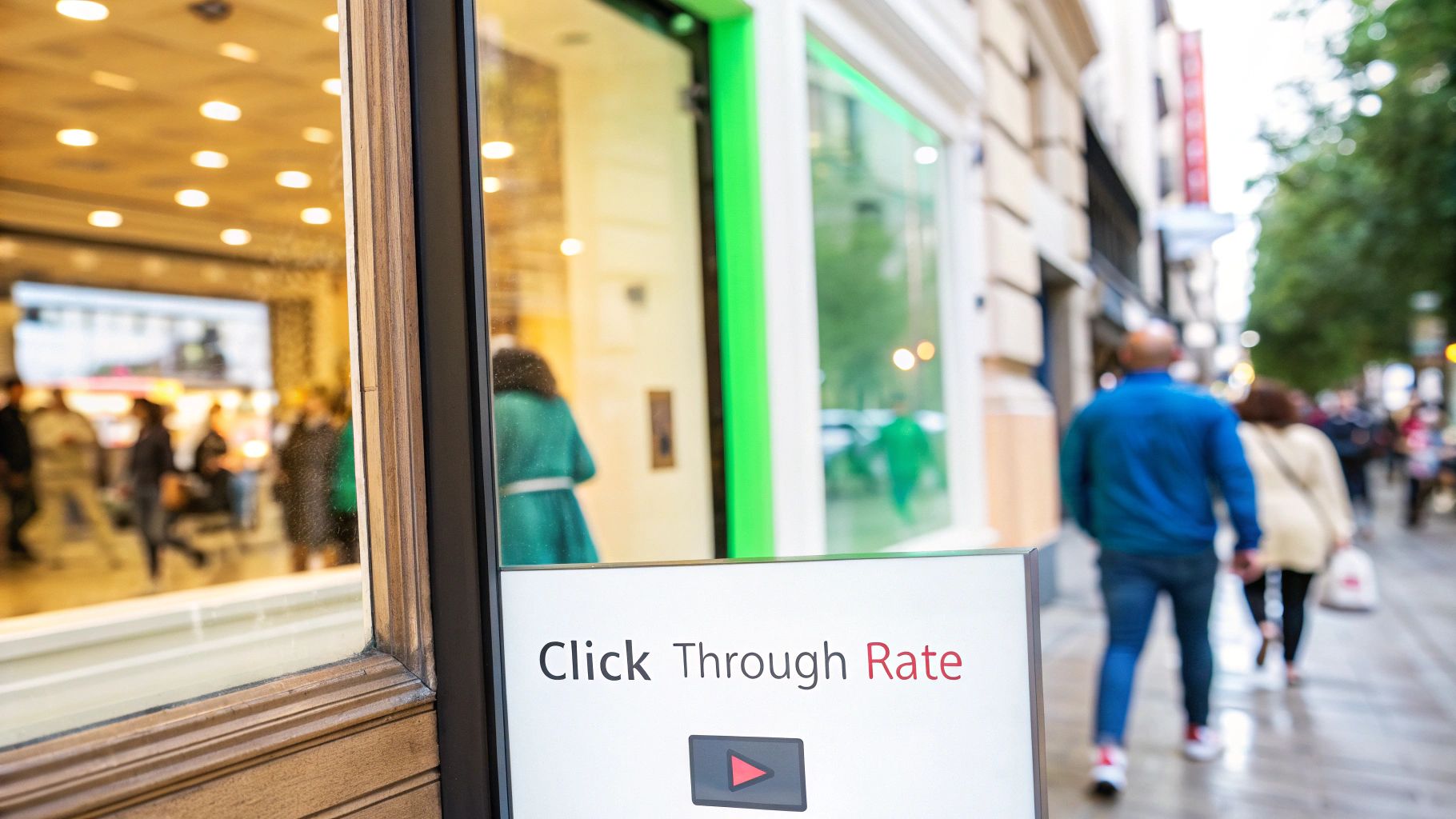 A 'Click Through Rate' sign with a play button stands on a bustling city sidewalk.