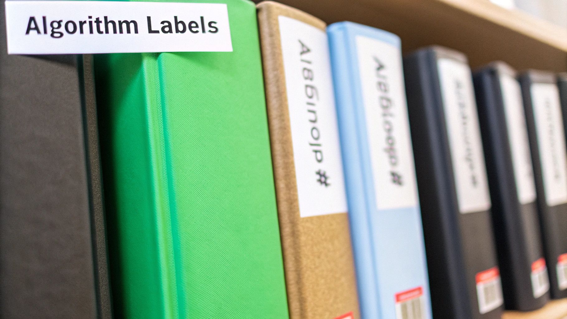 Close-up of binders on a shelf, with one clearly labeled 'Algorithm Labels' and others partially visible.