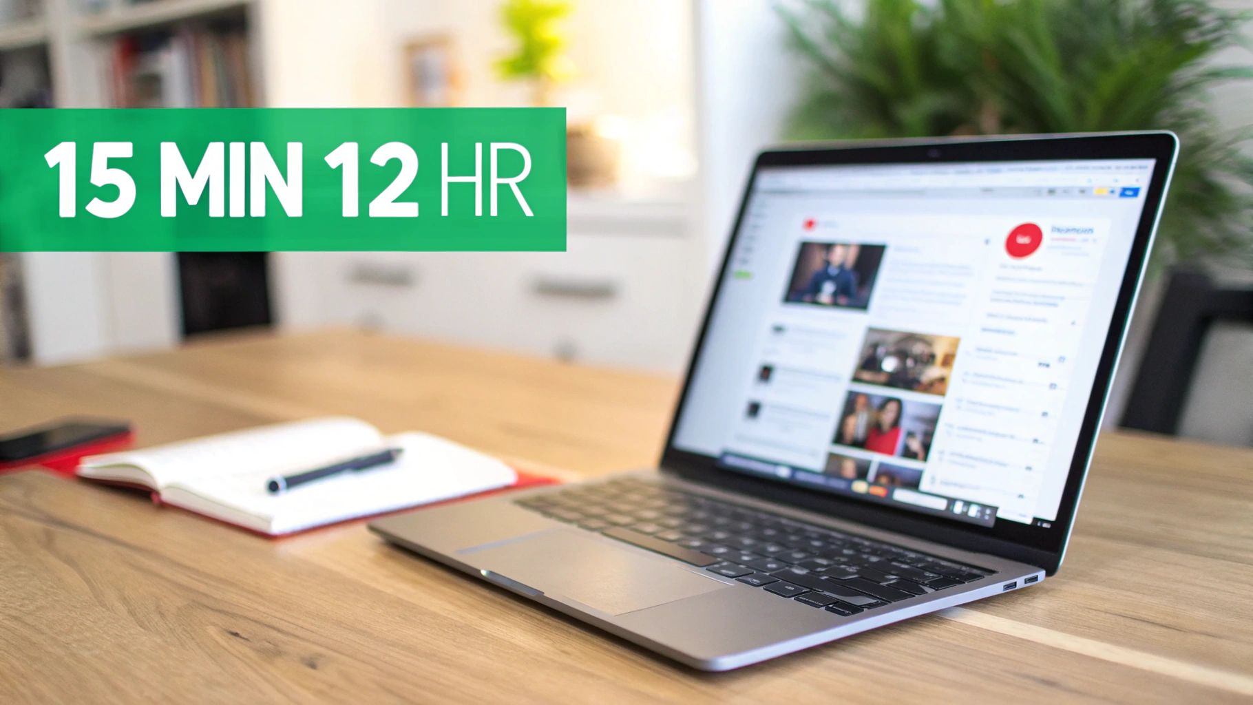 A laptop displaying video content on a wooden desk, with a '15 MIN 12 HR' banner.