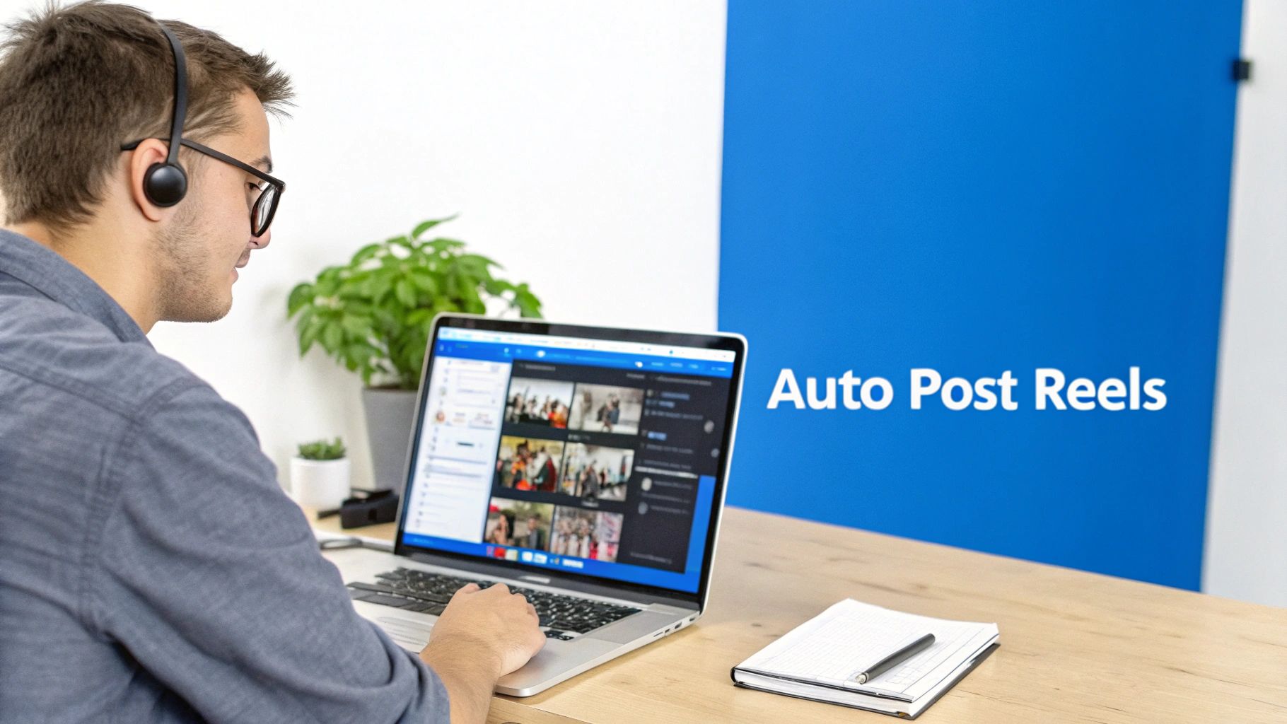 Man wearing headset using laptop to auto post reels on social media platforms