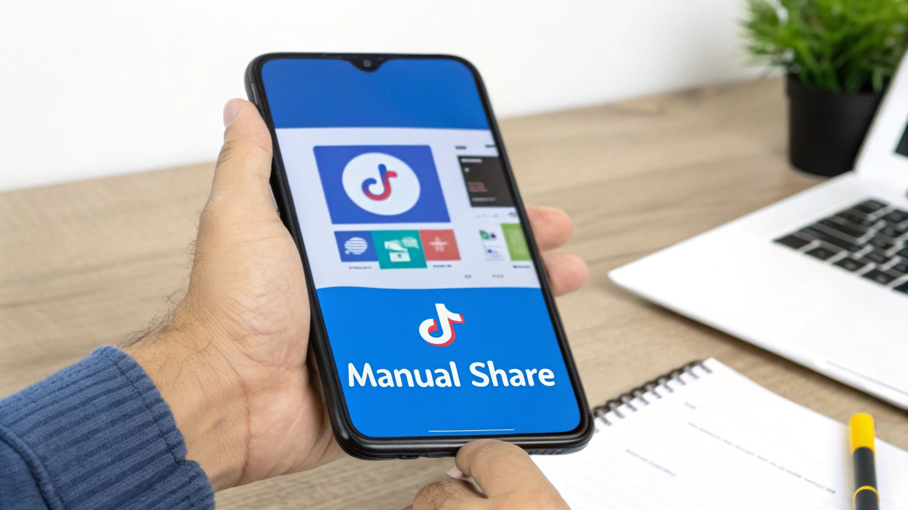 Hand holding smartphone displaying TikTok Manual Share feature on screen in office workspace