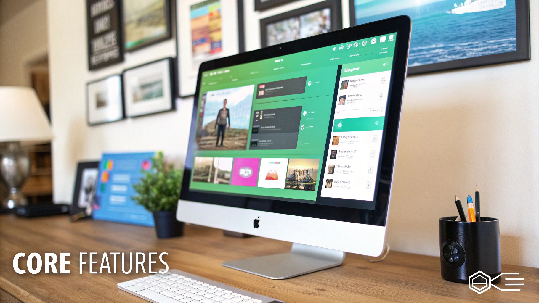A modern Apple iMac on a wooden desk displays a green video content management software interface with user profiles.