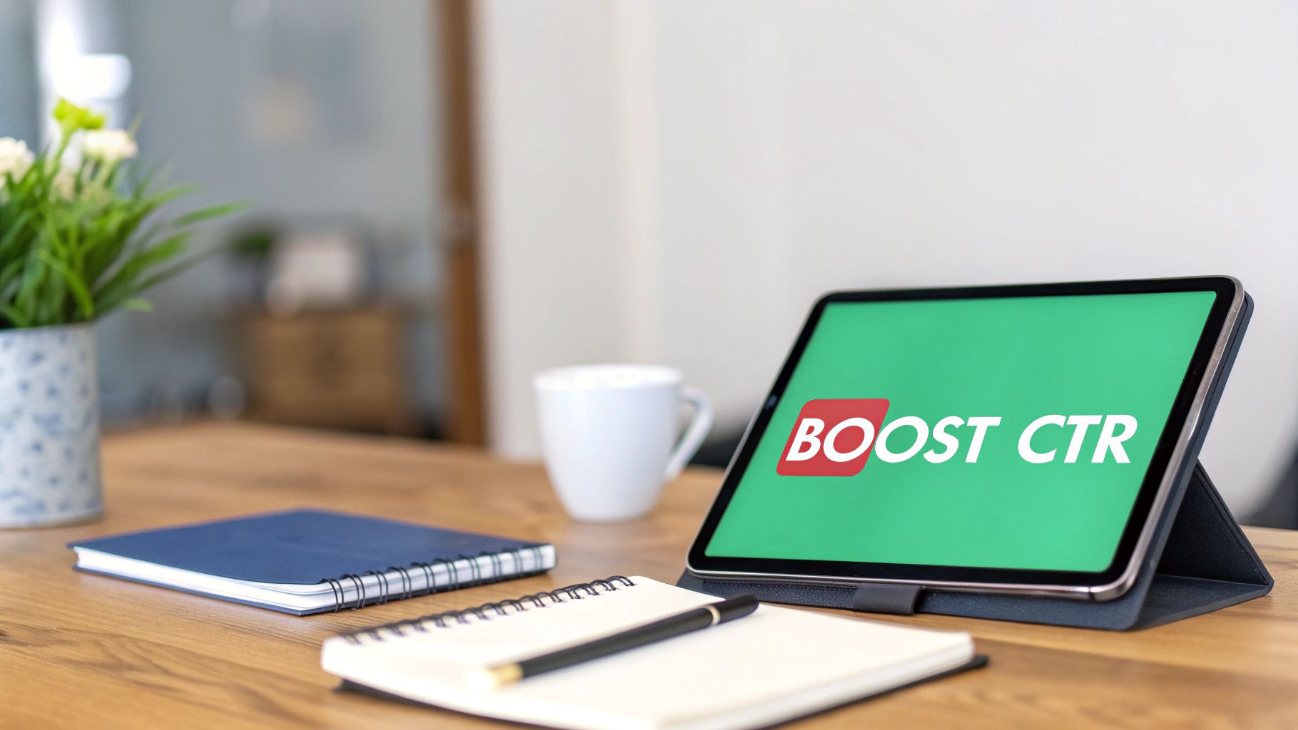 A tablet on a wooden desk displays 'BOOST CTR' next to a coffee cup, plant, notebooks, and pen.