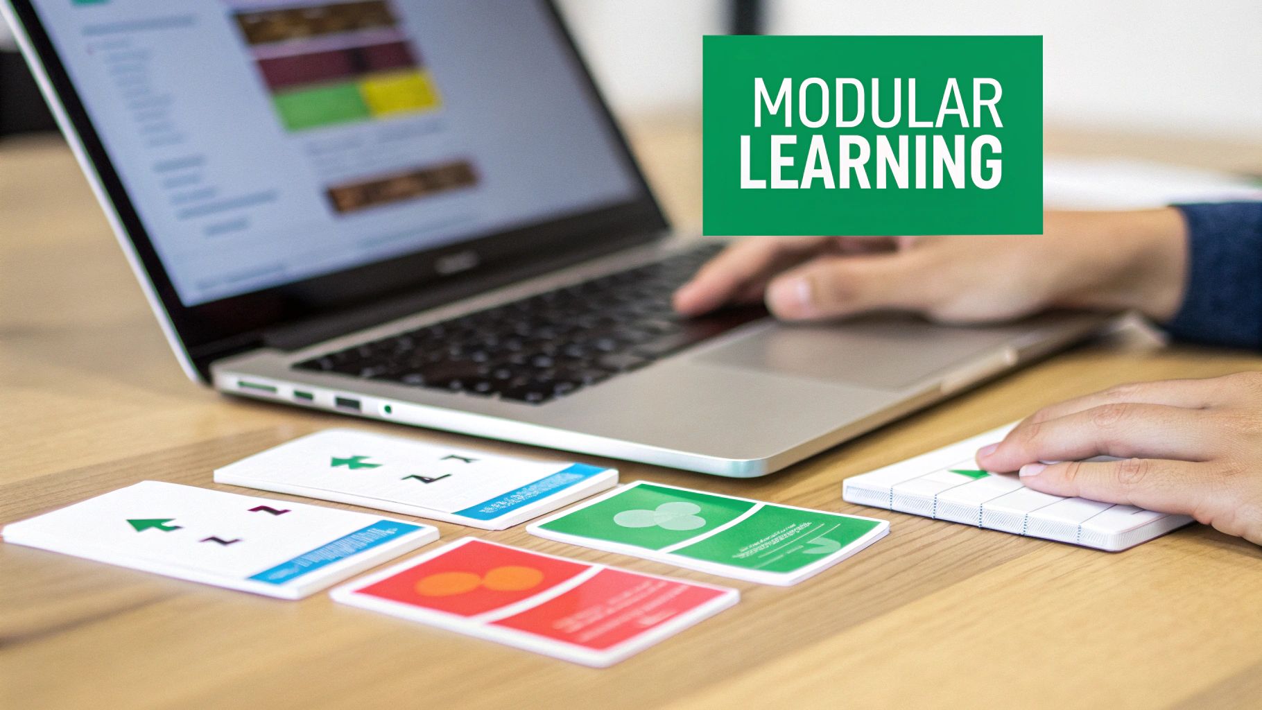 Person using a laptop on a wooden desk, surrounded by educational cards and a 'MODULAR LEARNING' sign.