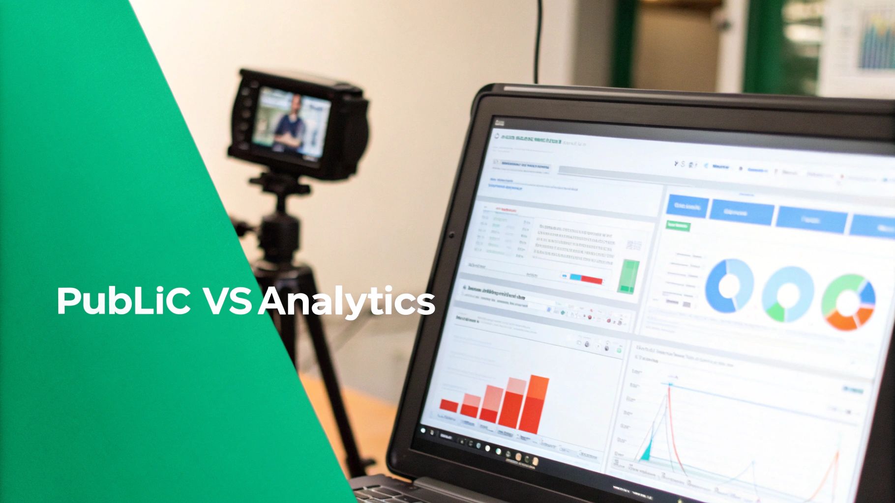 A laptop displays digital analytics with charts and graphs, next to a camera recording, with 'Public VS Analytics' text.