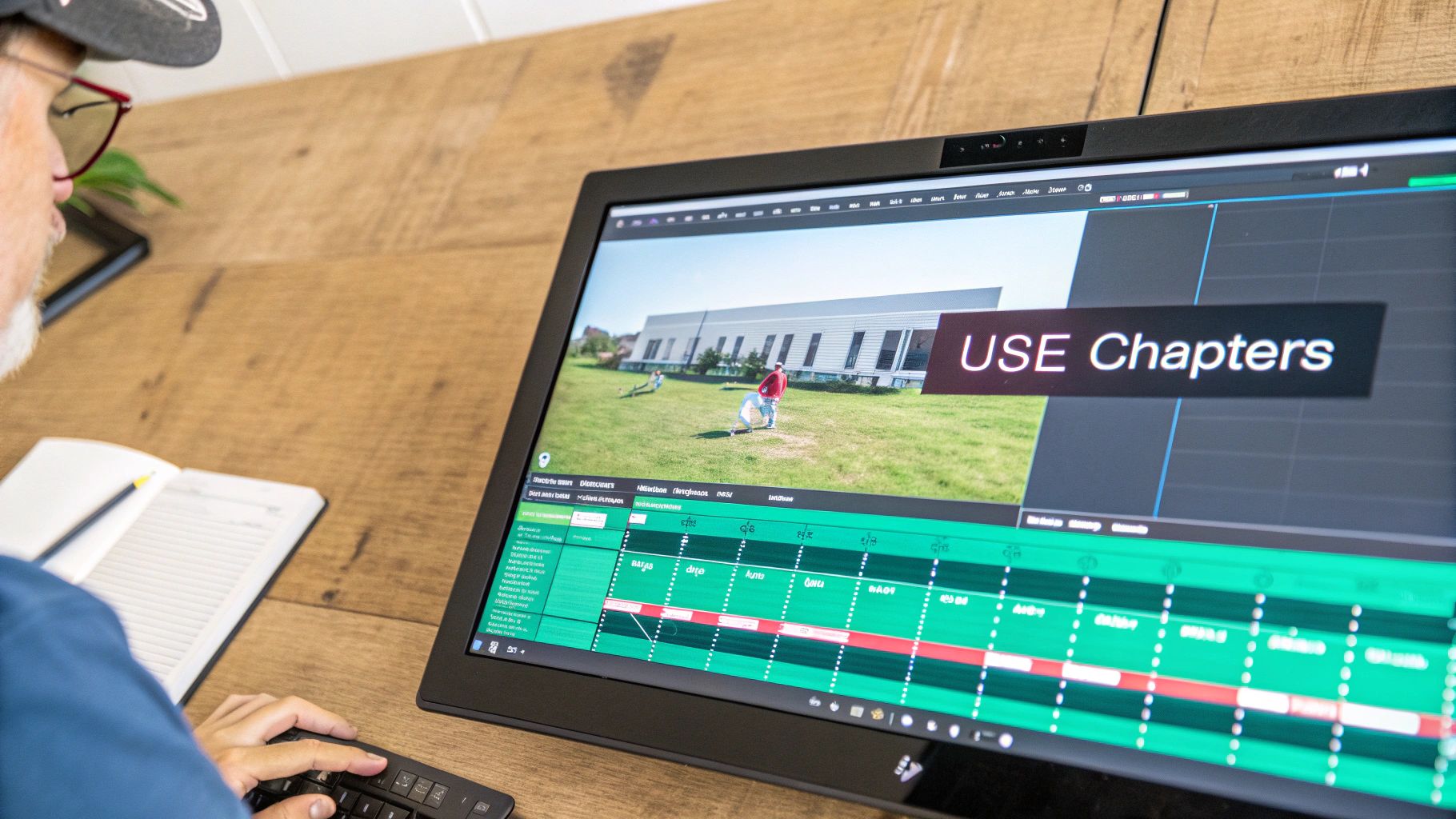 A person edits a video on a computer screen displaying a clip with 'USE Chapters' text and a timeline.
