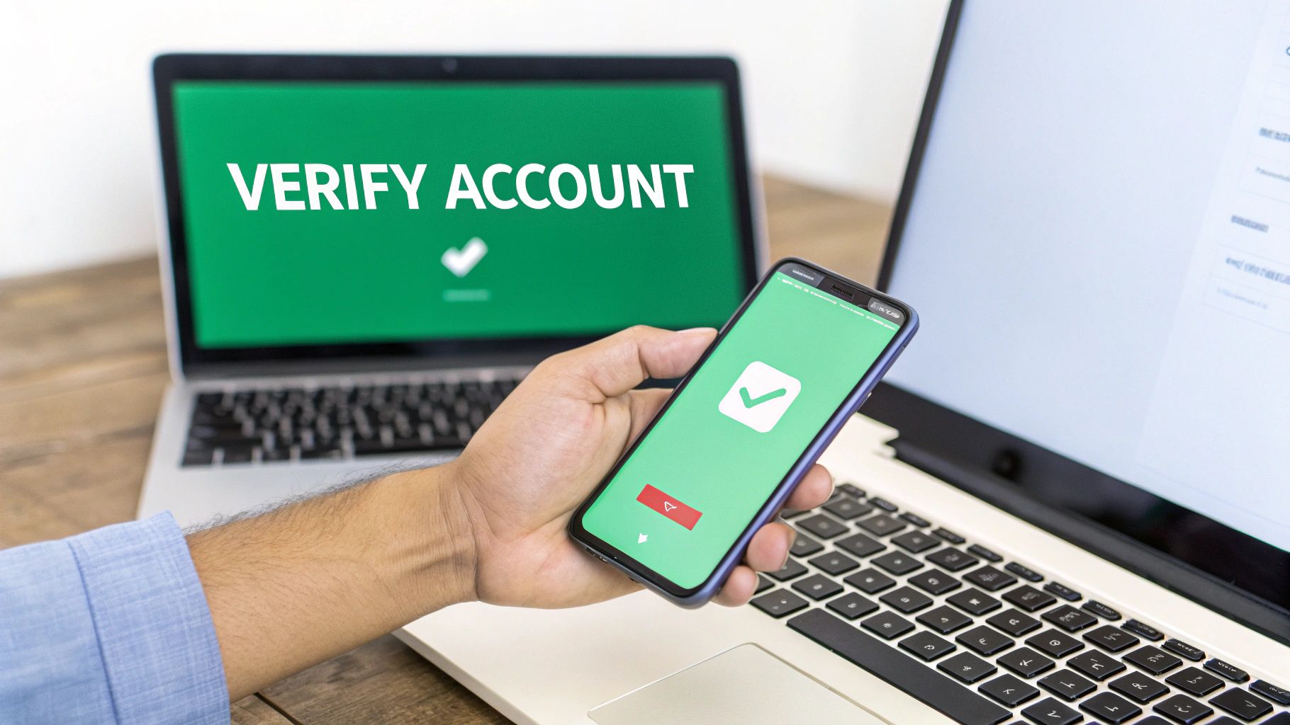 A person uses a smartphone and laptop to verify an online account with green checkmarks.