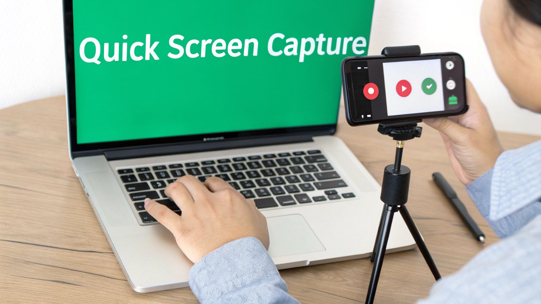 Person using smartphone on tripod to capture screen recording from laptop display showing recording interface