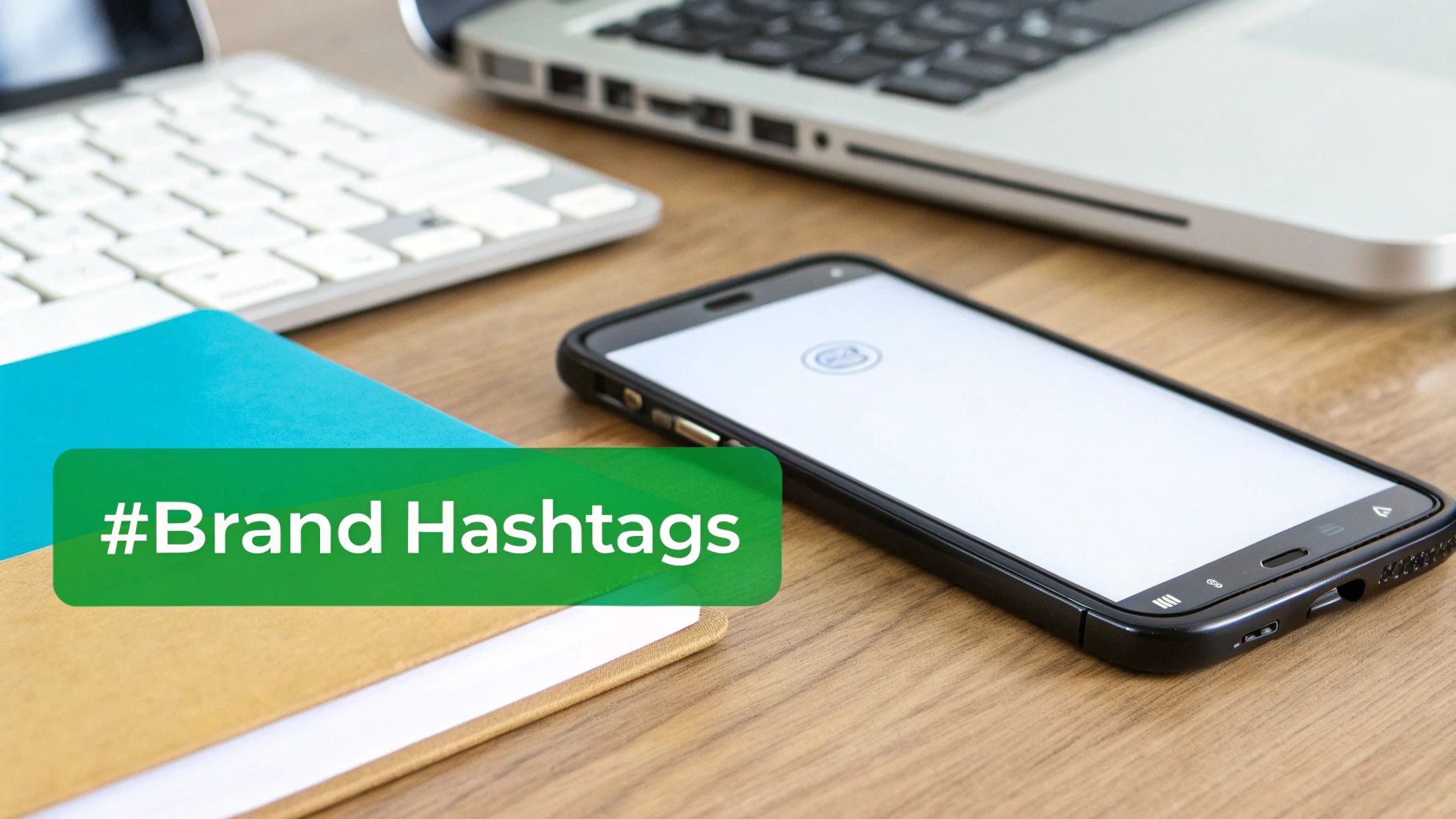 A desk with a laptop, smartphone, and notebooks, featuring a 'Brand Hashtags' text overlay.