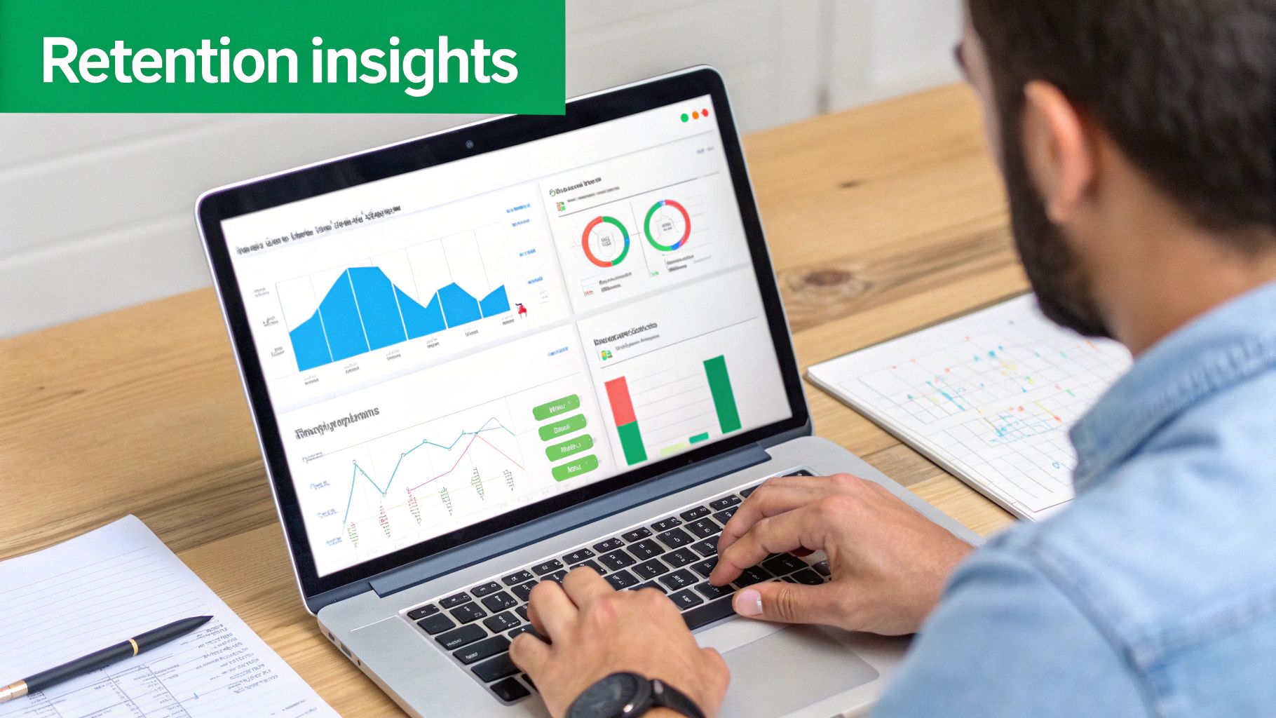 A person analyzes retention insights on a laptop displaying various charts and graphs.