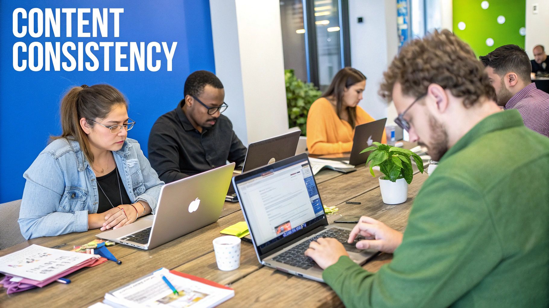 A person pointing at a large wall calendar covered in sticky notes, illustrating content strategy planning.