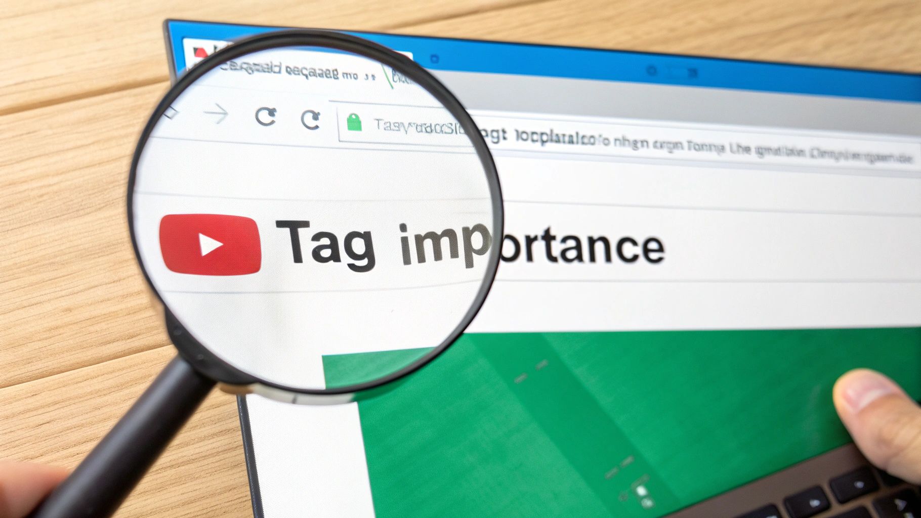 A close-up of a person's hands typing on a laptop, with a focus on adding tags to a YouTube video upload screen in the background.