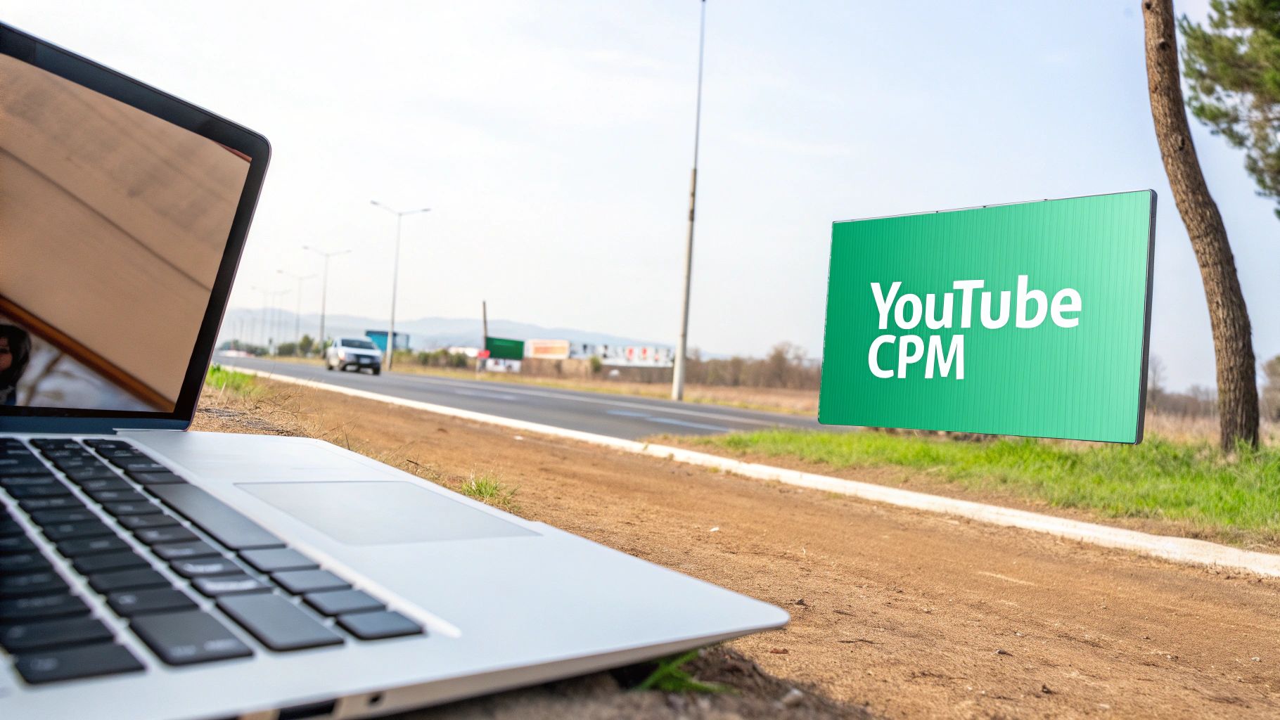 A laptop on the ground next to a road, with a green 'YouTube CPM' sign in the distance.