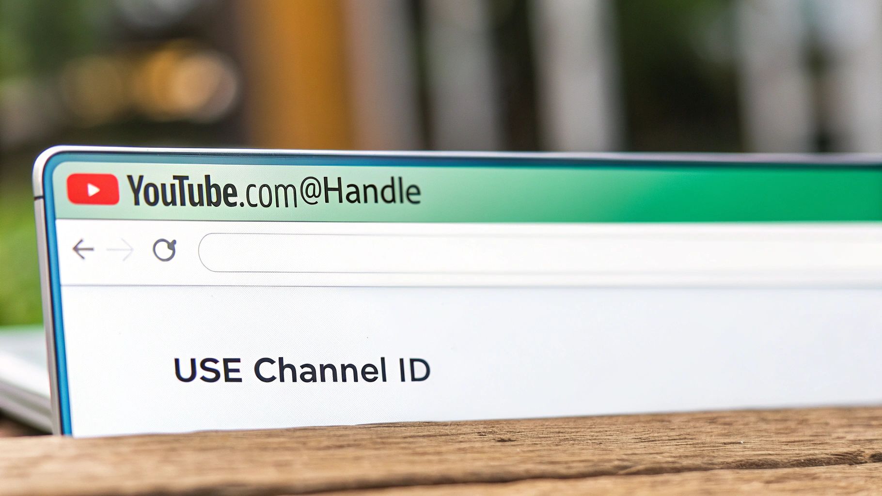 Close-up of a laptop screen displaying a YouTube URL with a handle and text about using a channel ID.