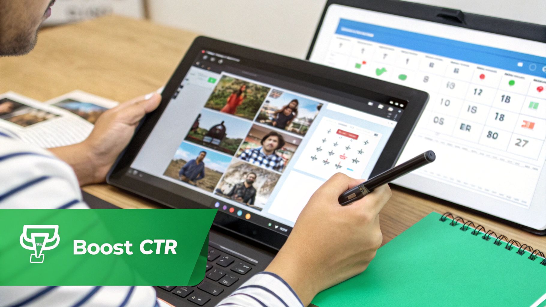 A person designing a high-contrast YouTube thumbnail on a computer, showing bright colors and a clear facial expression.