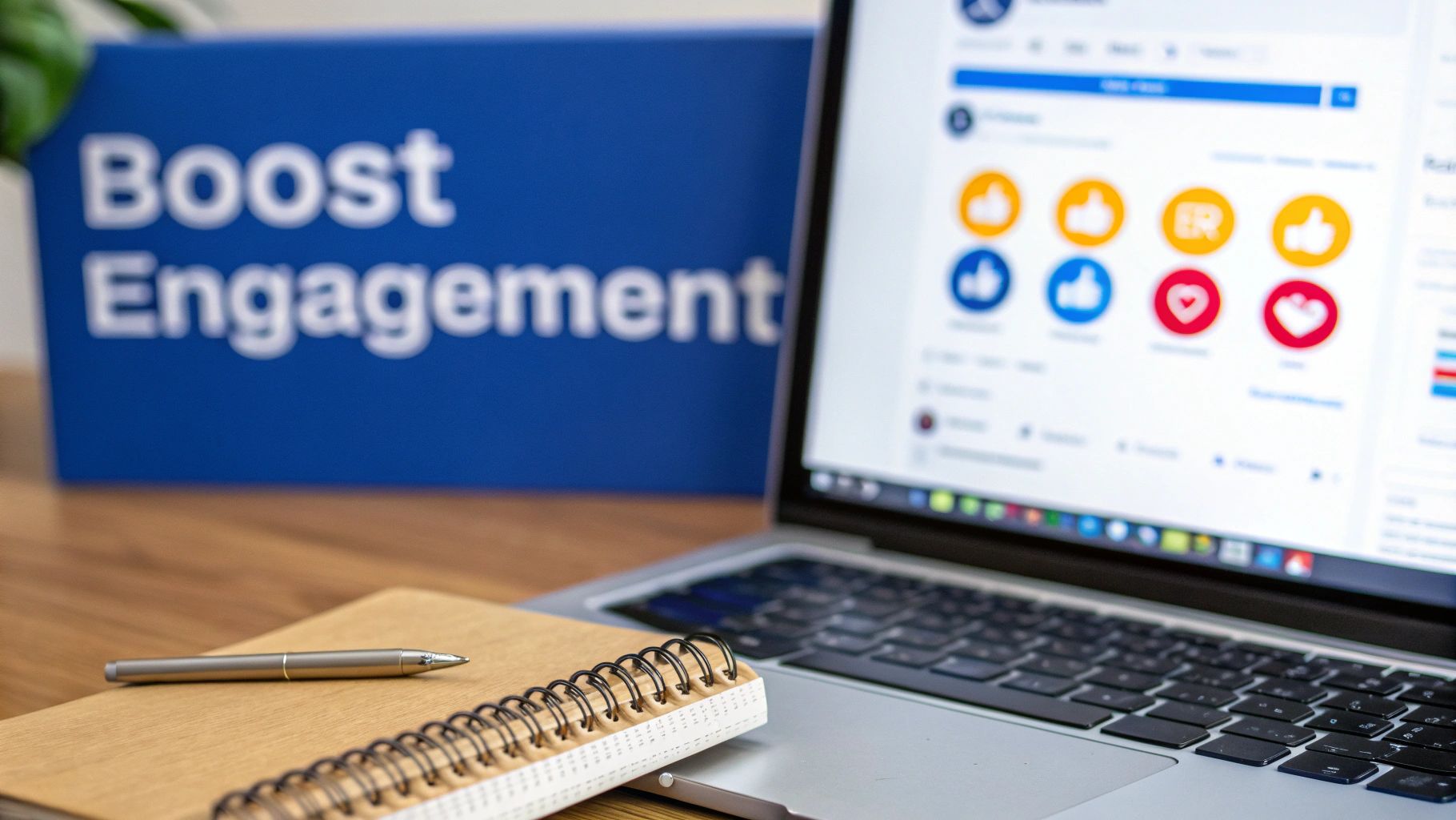 Laptop displaying social media engagement icons with boost engagement sign and notebook on desk