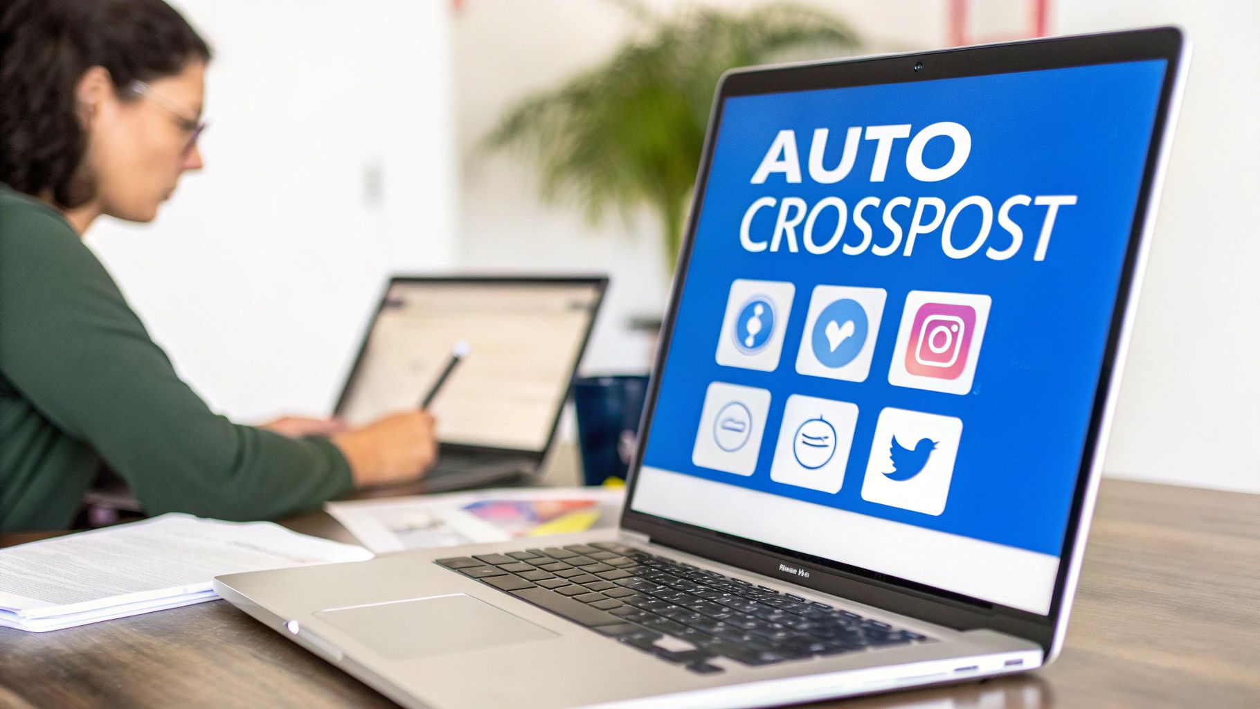 A social media manager efficiently managing multiple accounts on a dashboard.