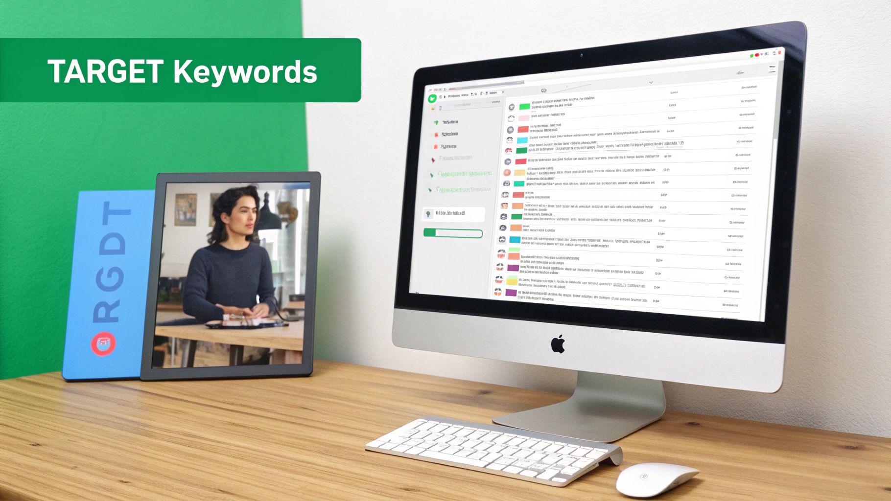 A magnifying glass hovering over a computer screen showing YouTube keywords.