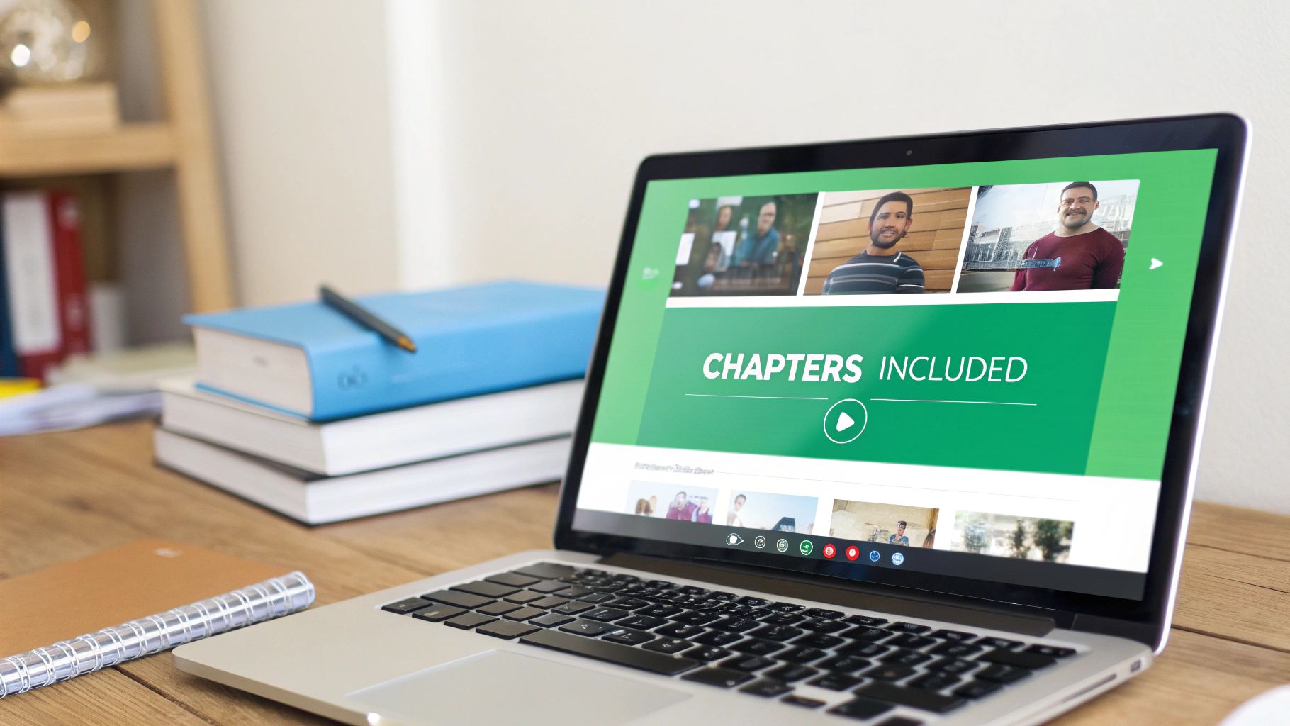 A laptop on a wooden desk displays an online course with 'Chapters Included' and user profiles.