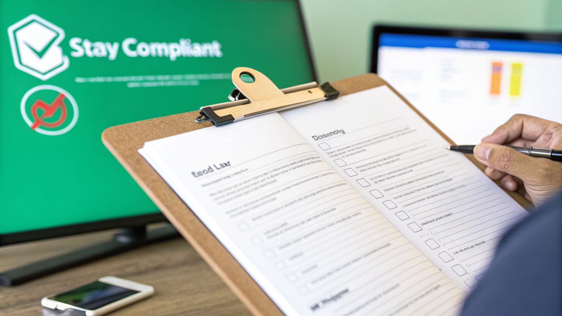 Person checking off tasks on a compliance checklist, with a computer screen displaying 'Stay Compliant'.