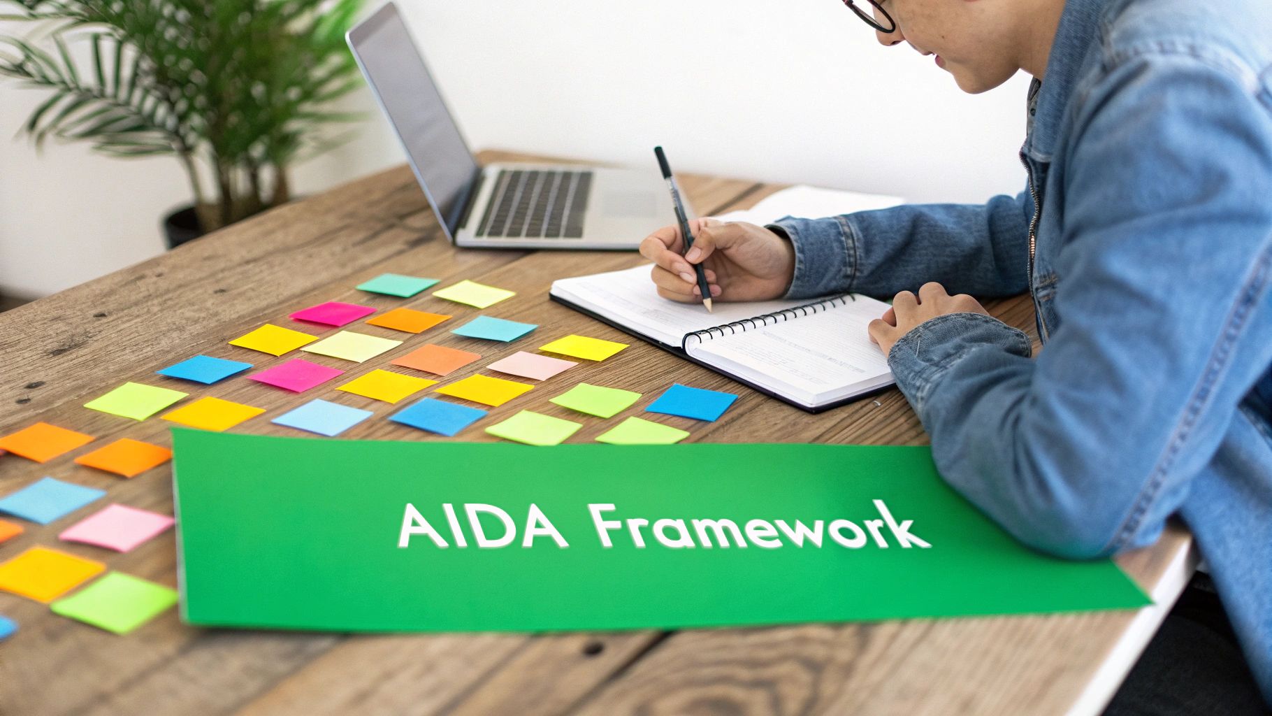 Marketing professional planning AIDA Framework strategy with colorful sticky notes and laptop on wooden desk.