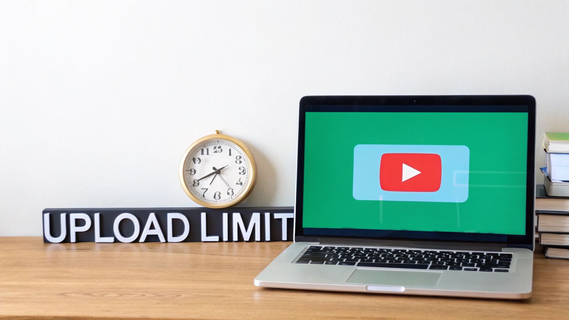 Laptop displaying a YouTube icon, an alarm clock, and an 'UPLOAD LIMIT' sign on a desk.