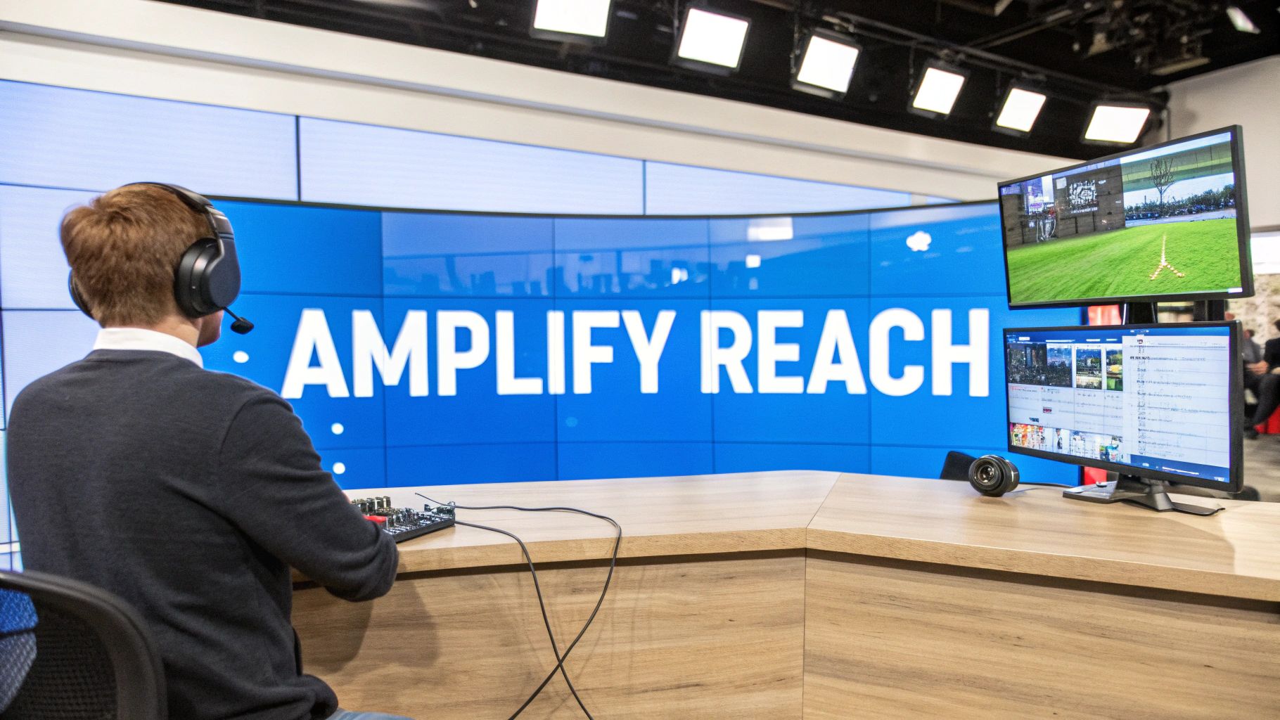 A person at a desk streaming on a computer with multiple platform icons visible.