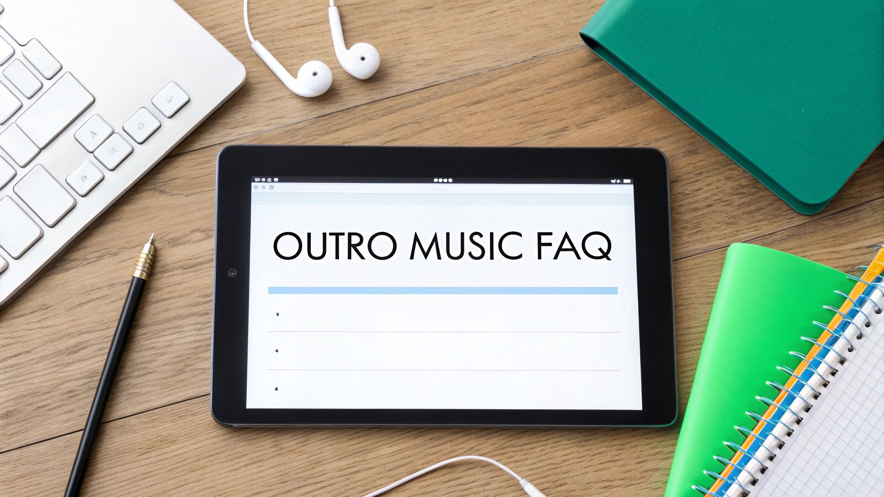 Flat lay of a tablet displaying 'OUTRO MUSIC FAQ' with a laptop, earphones, pen, and notebooks on a wooden desk.