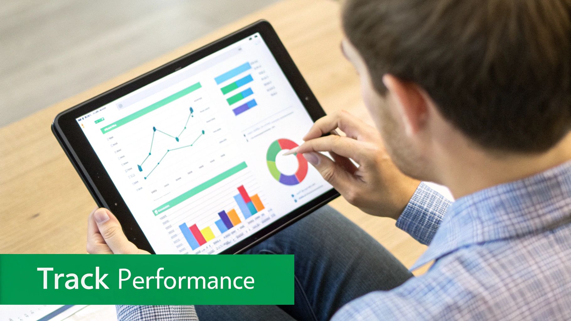 A person pointing at a YouTube Analytics dashboard on a monitor, showing traffic source data.