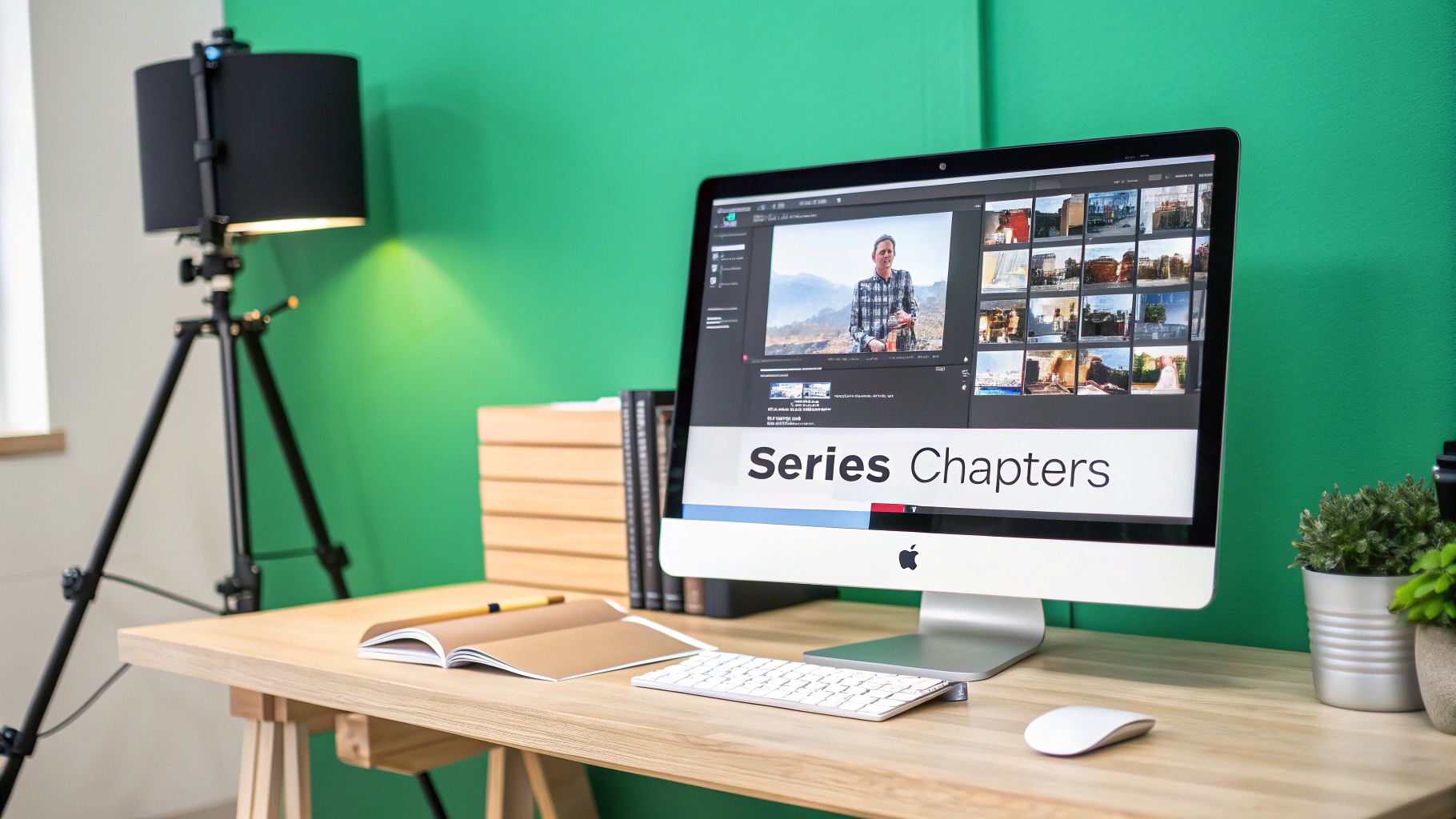 A creative workspace featuring an iMac displaying video editing software, a black studio light, and desk accessories.
