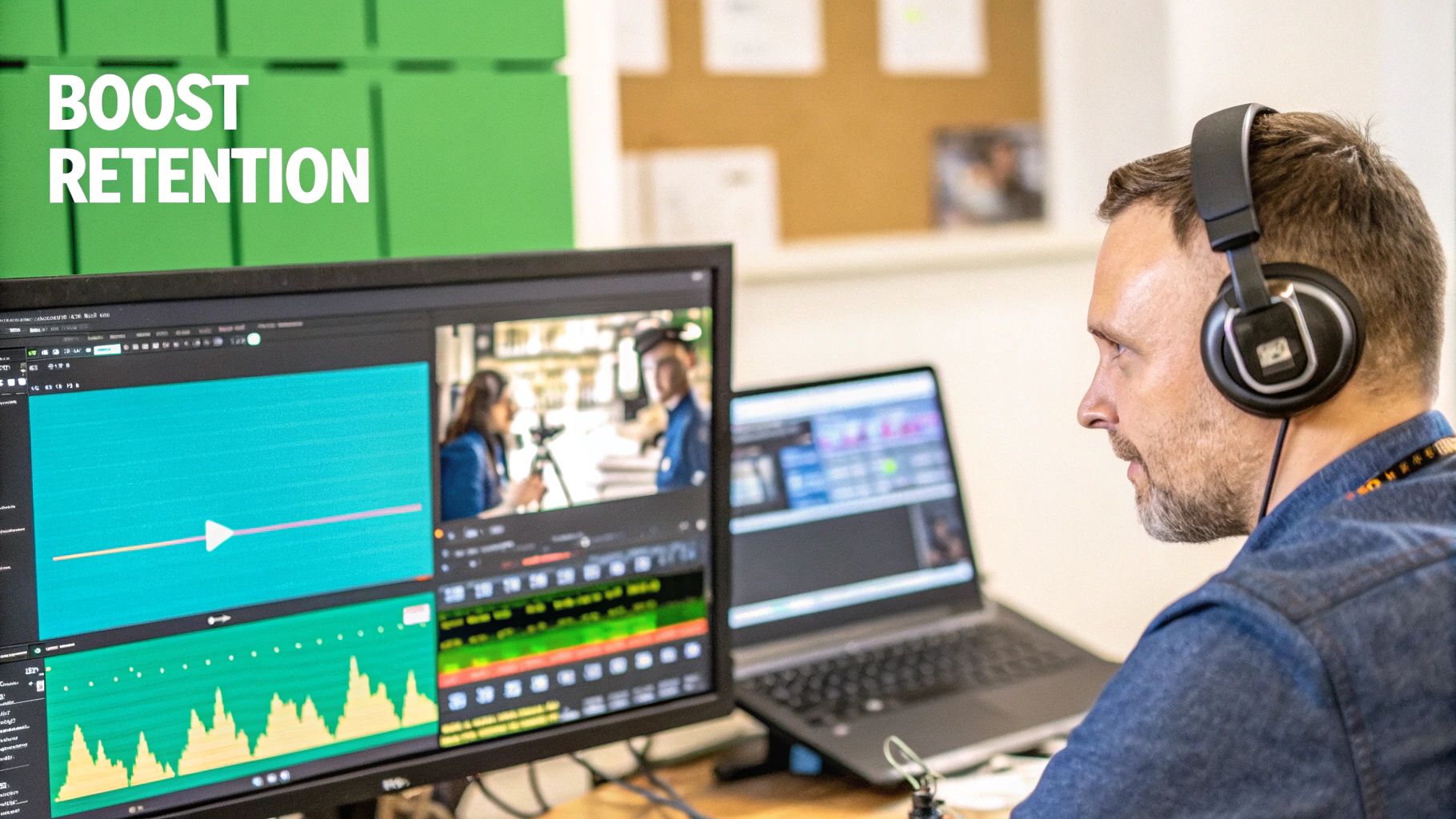 A creator analyzing post-publish video analytics on a tablet, with social media icons floating around, symbolizing promotion.