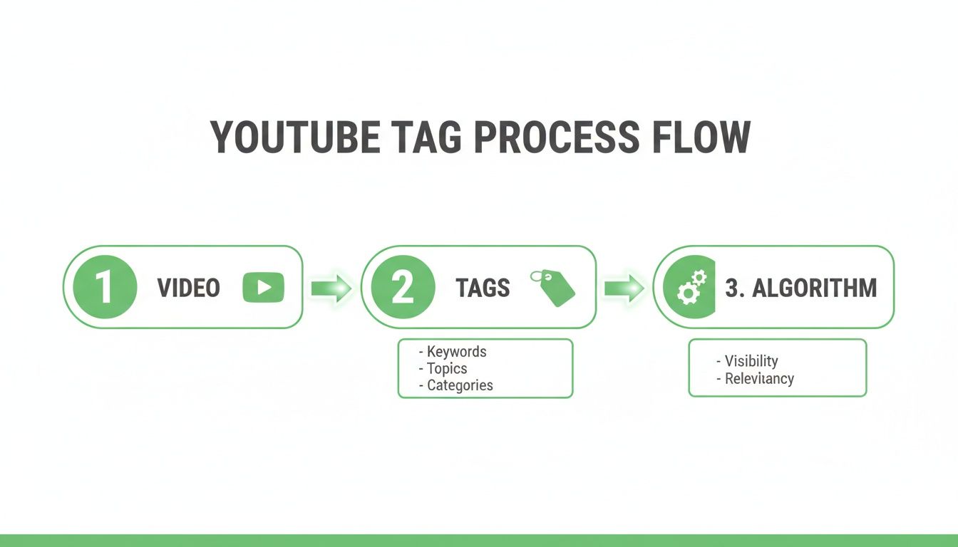 Flowchart illustrating the YouTube tag process, from video input to algorithm output for visibility.