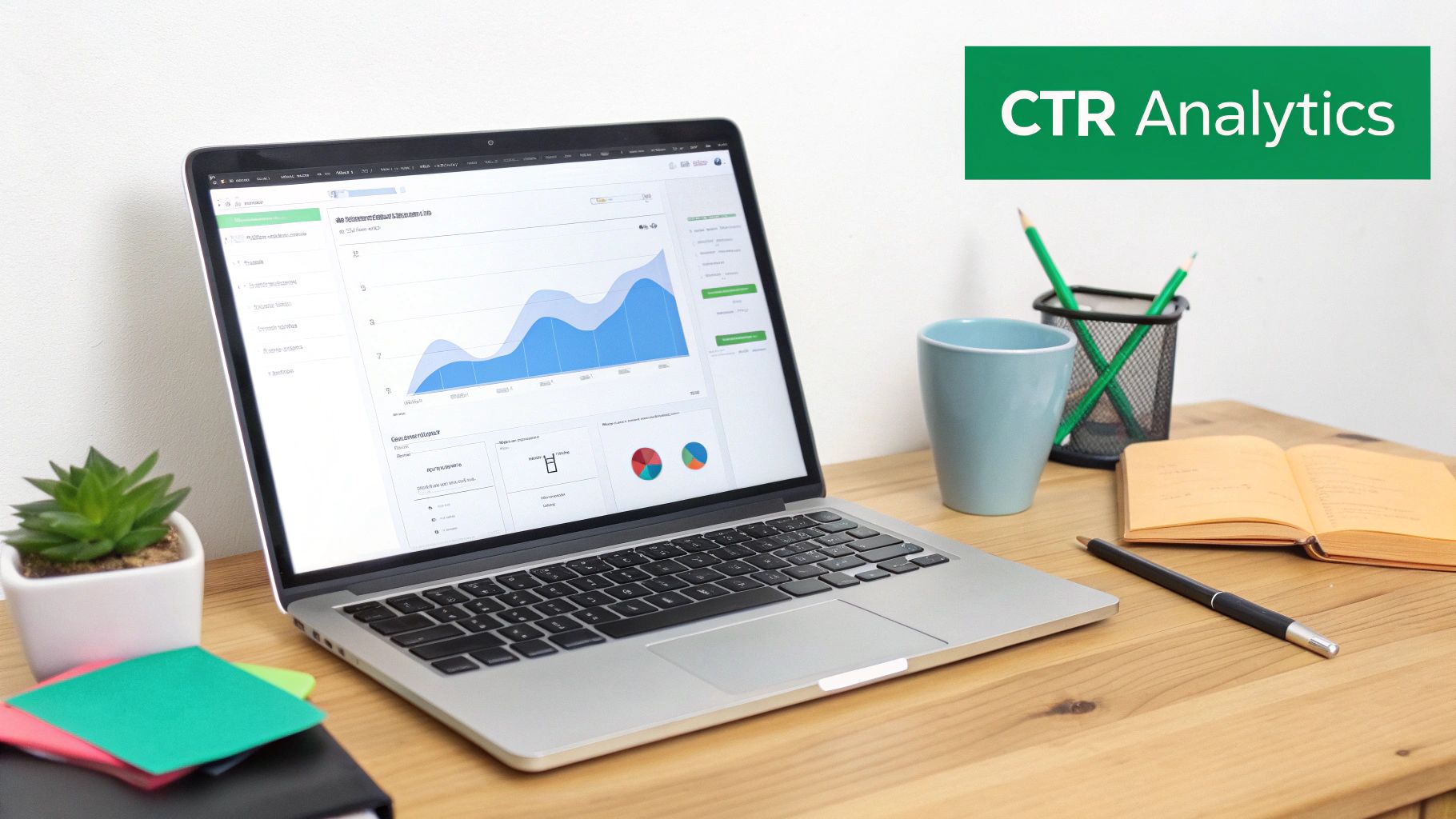 A laptop displaying CTR analytics with graphs and charts on a wooden desk with office supplies.