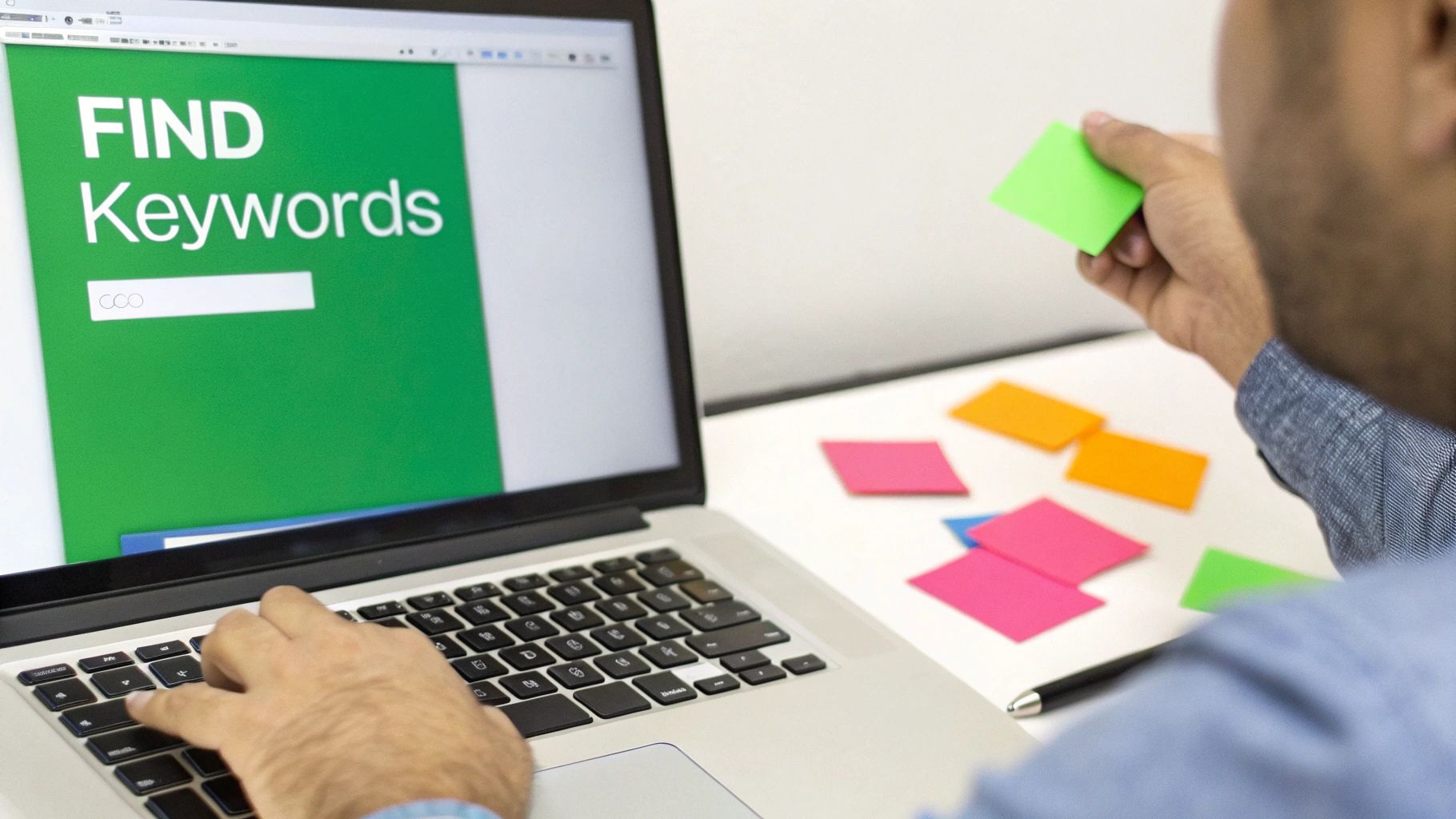 A digital illustration of a magnifying glass over a YouTube search bar, revealing various keyword ideas.