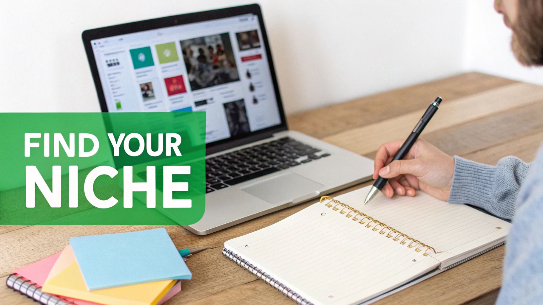 A person writing in a notebook next to a laptop, with a green overlay stating "FIND YOUR NICHE."